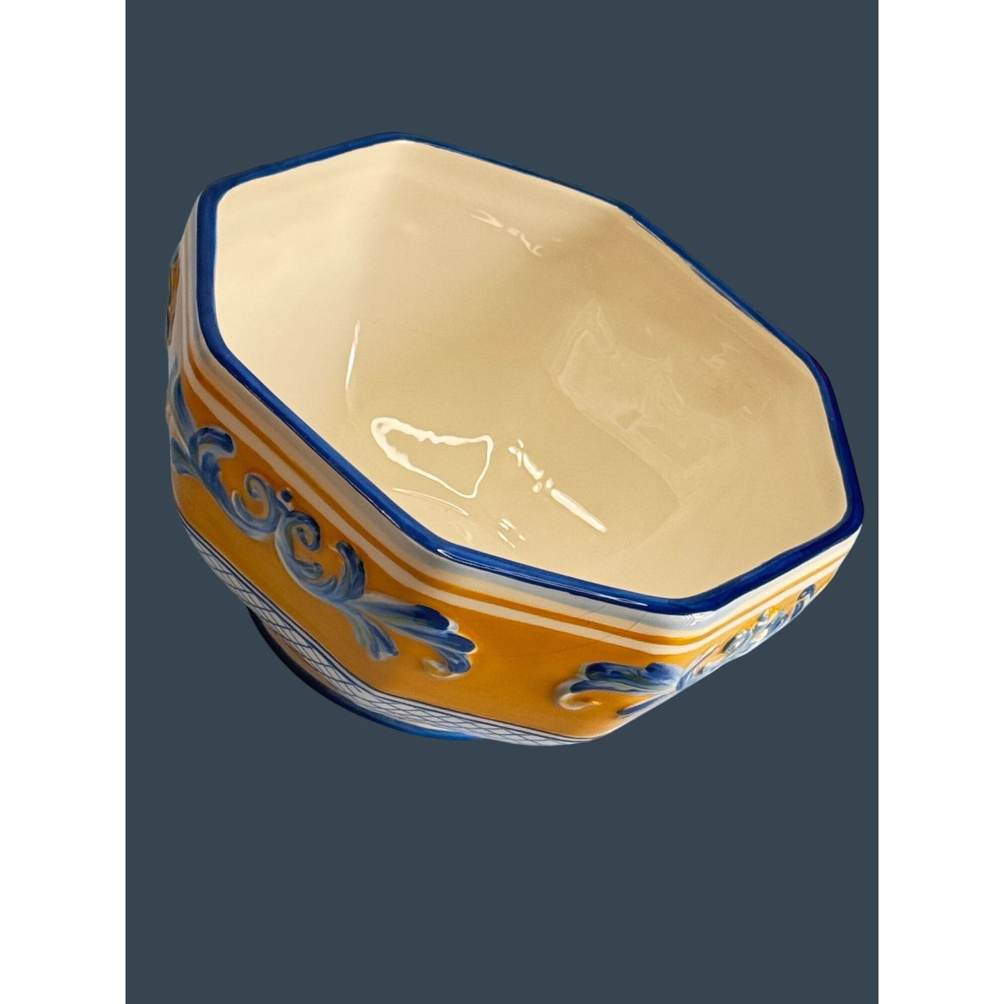 Fitz Floyd Ricamo Trattoria Octagonal Ceramic Bowl Yellow & Blue 6 1/4"