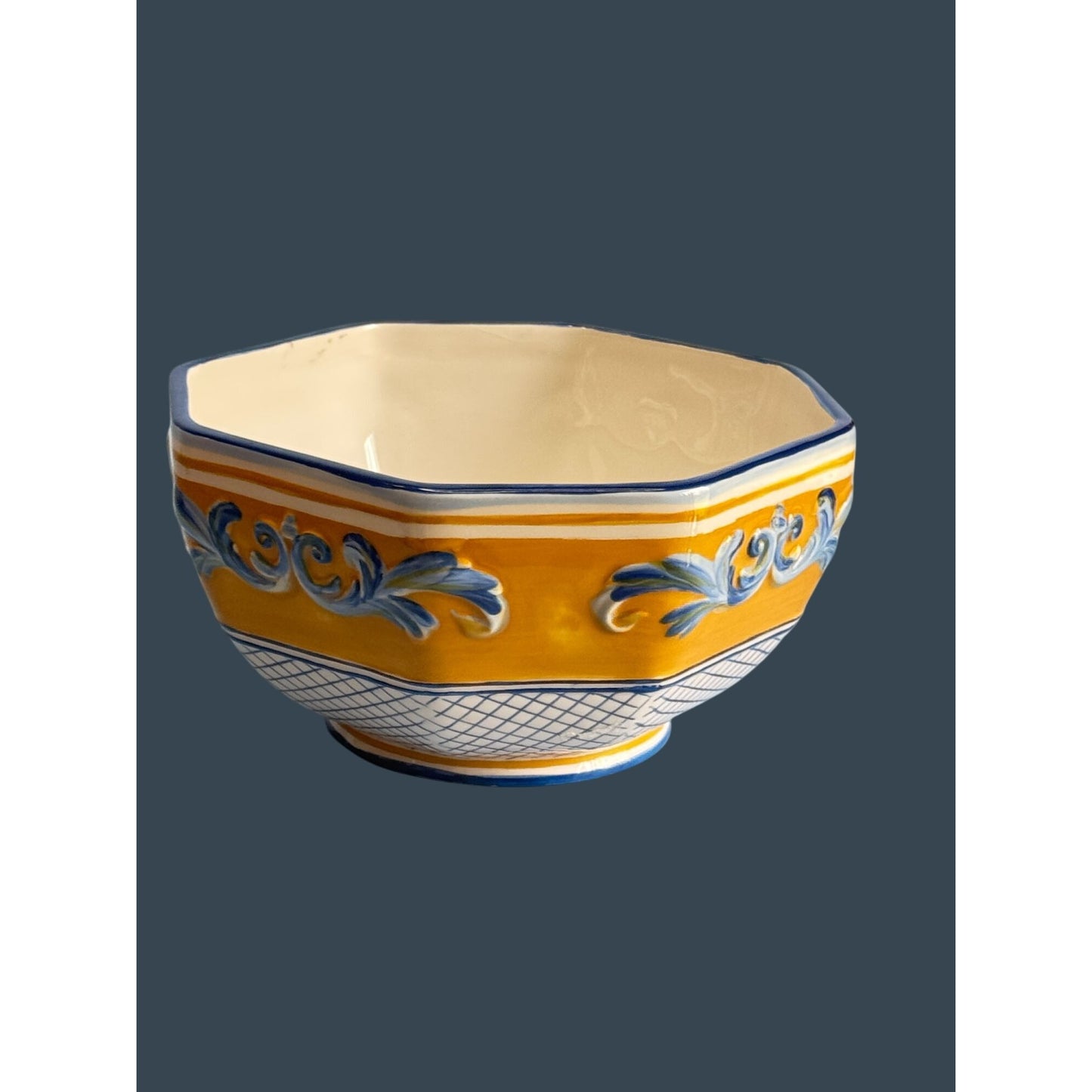 Fitz Floyd Ricamo Trattoria Octagonal Ceramic Bowl Yellow & Blue 6 1/4"