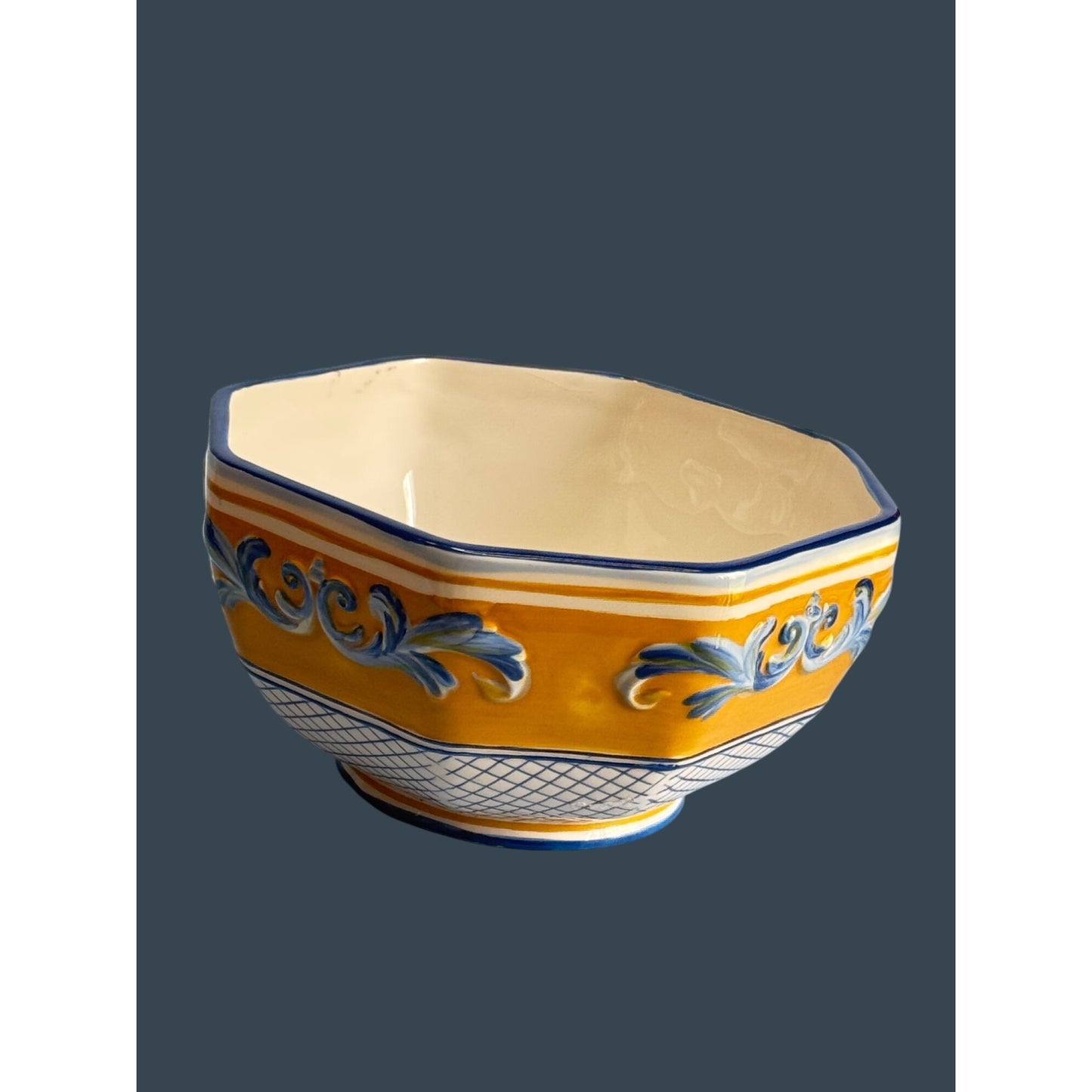 Fitz Floyd Ricamo Trattoria Octagonal Ceramic Bowl Yellow & Blue 6 1/4"