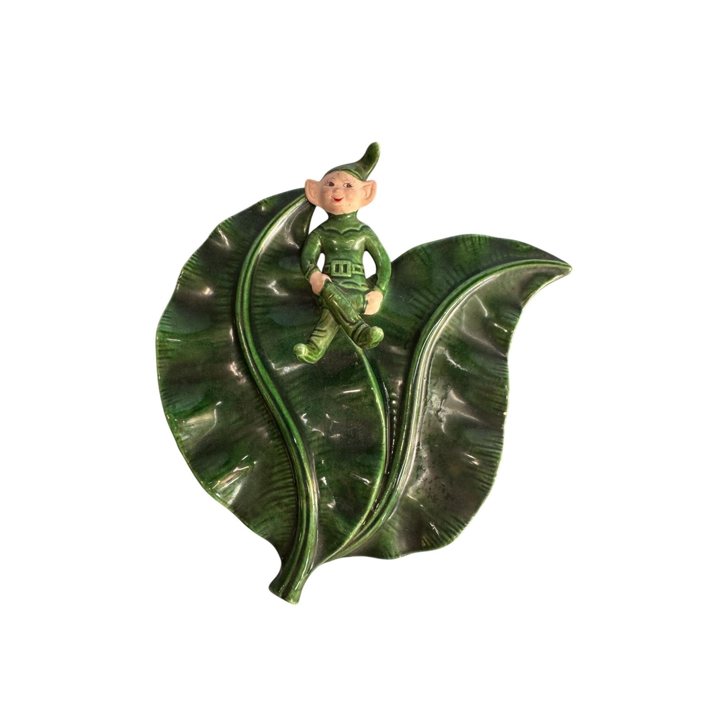 Vintage Treasure Craft Elf Wall Pocket Green Ceramic Leaf Mid Century 8"