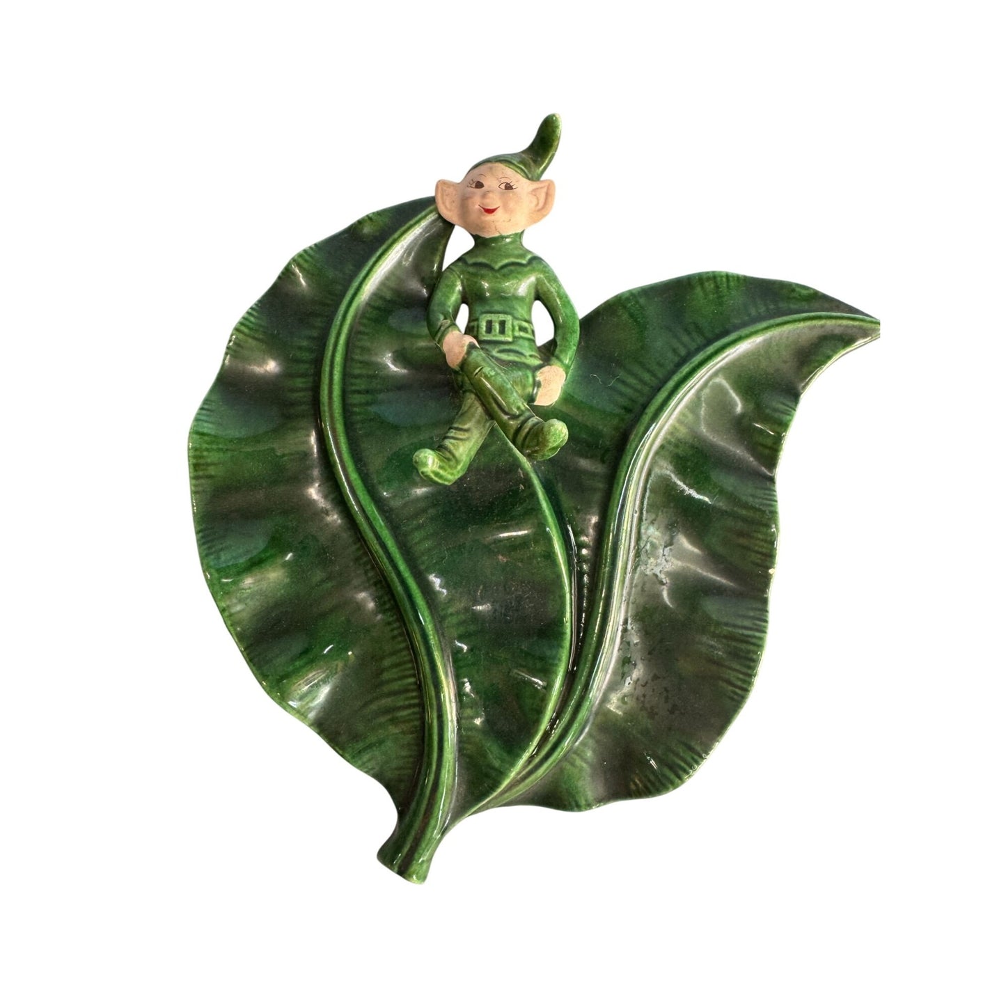 Vintage Treasure Craft Elf Wall Pocket Green Ceramic Leaf Mid Century 8"