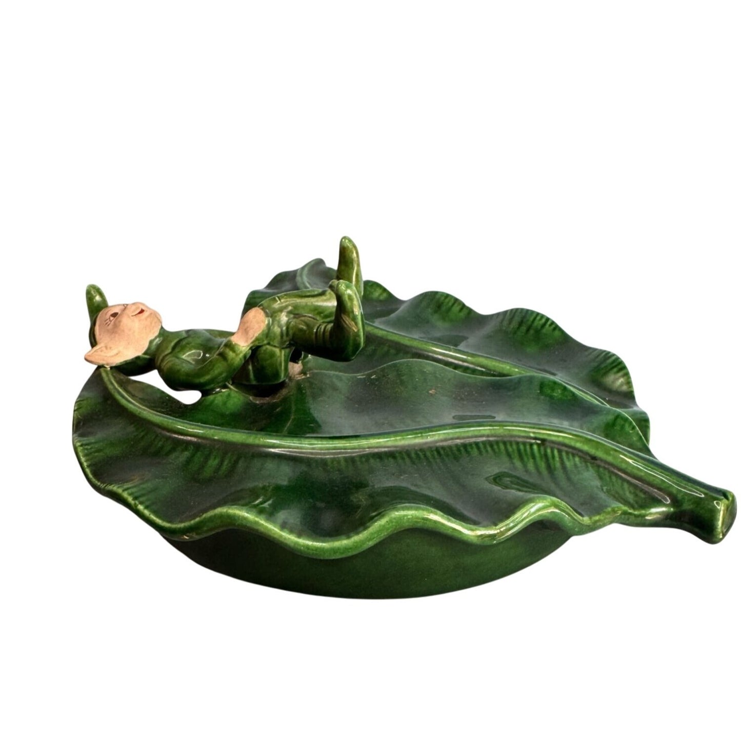 Vintage Treasure Craft Elf Wall Pocket Green Ceramic Leaf Mid Century 8"