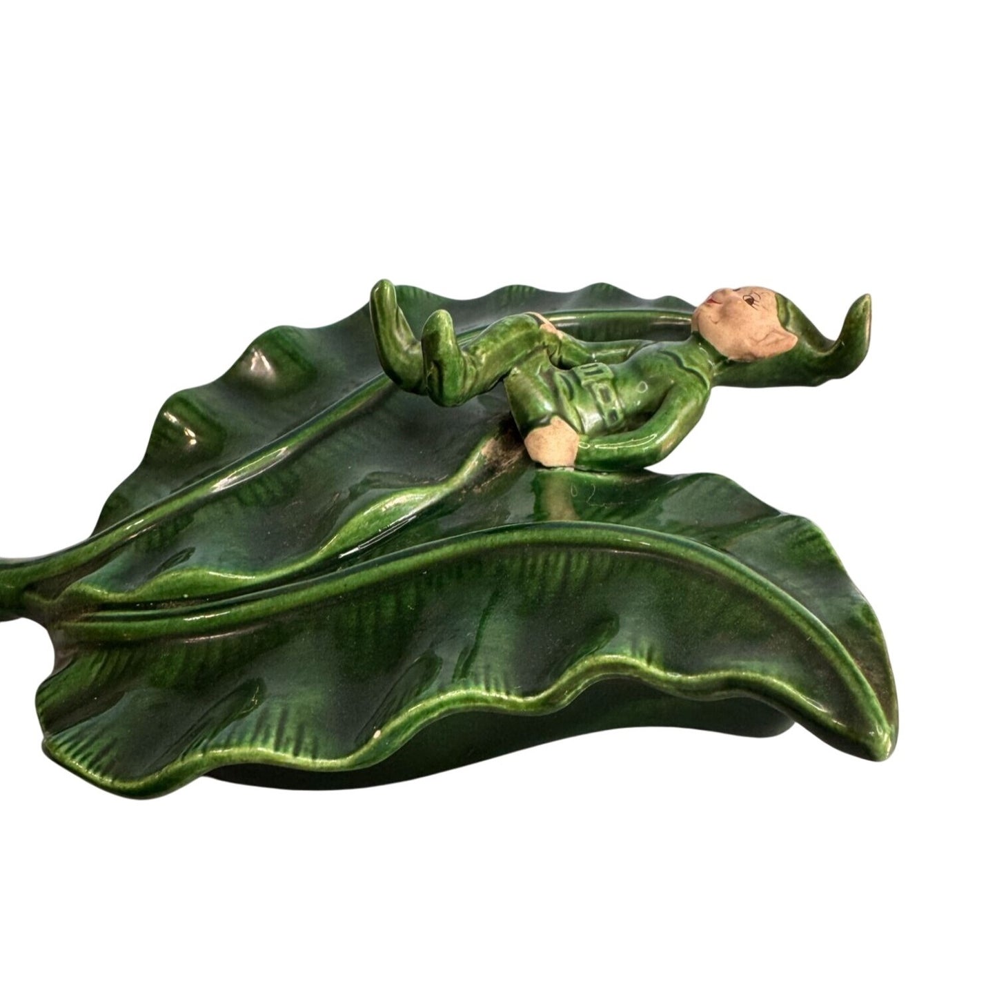 Vintage Treasure Craft Elf Wall Pocket Green Ceramic Leaf Mid Century 8"