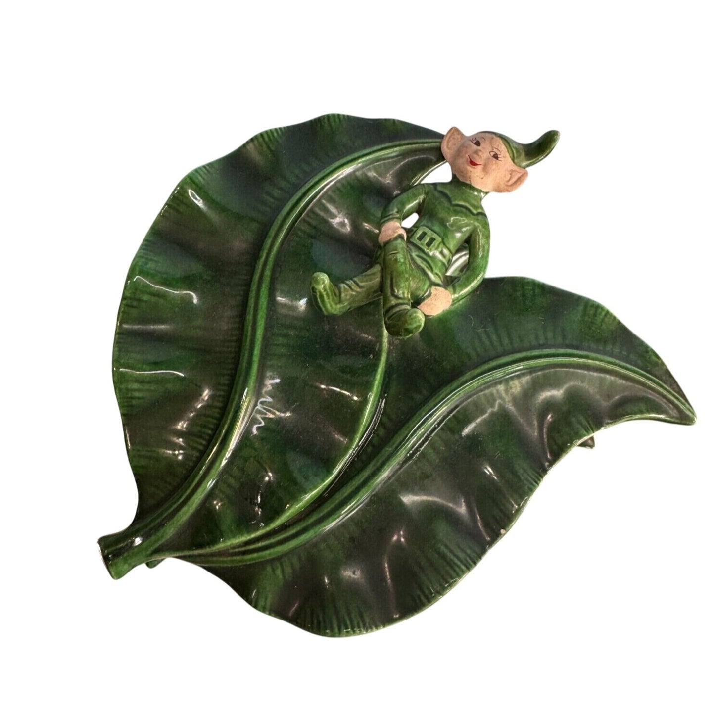 Vintage Treasure Craft Elf Wall Pocket Green Ceramic Leaf Mid Century 8"