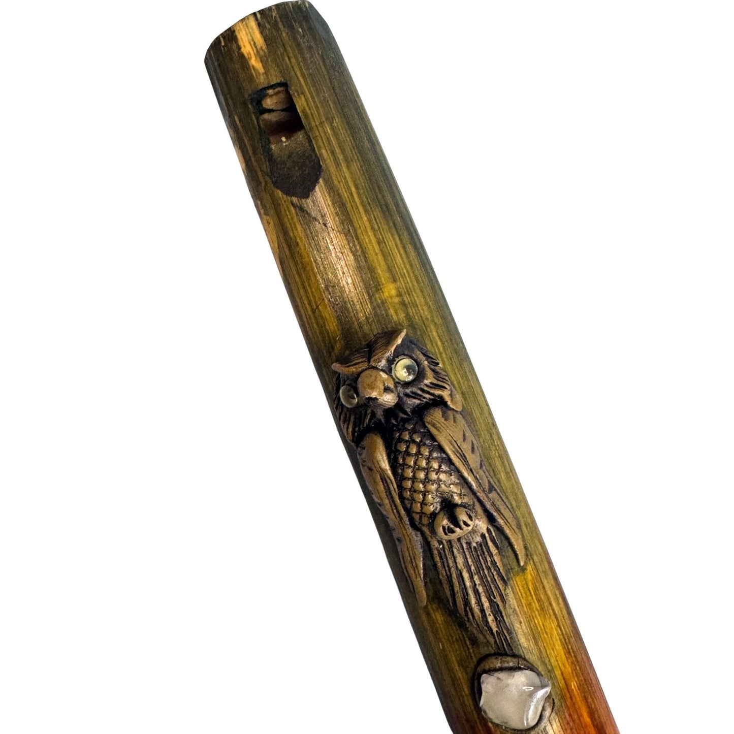 Hand Carved Wooden Flute Folk Art Owl & Leaf Design 10" Multicolor