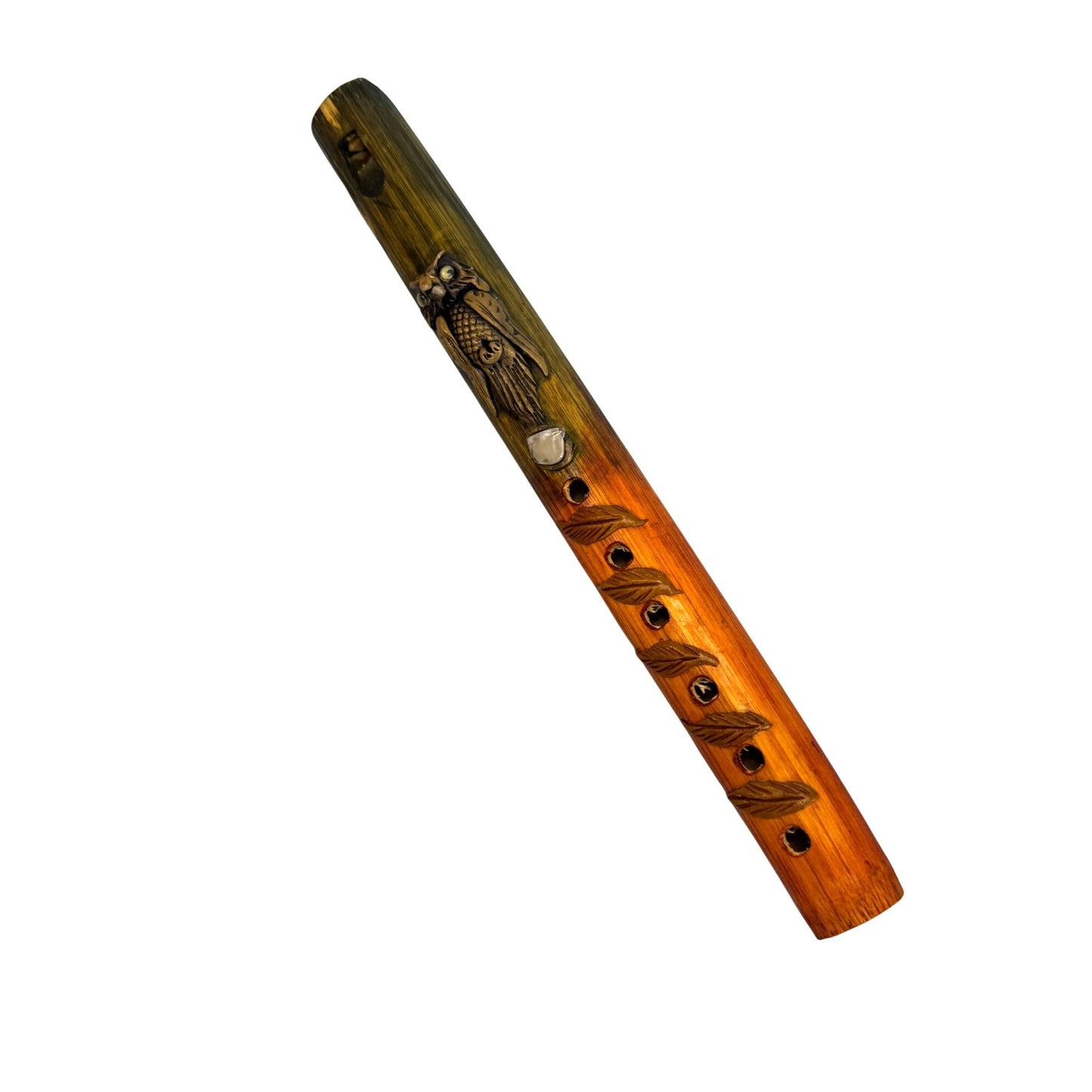 Hand Carved Wooden Flute Folk Art Owl & Leaf Design 10" Multicolor