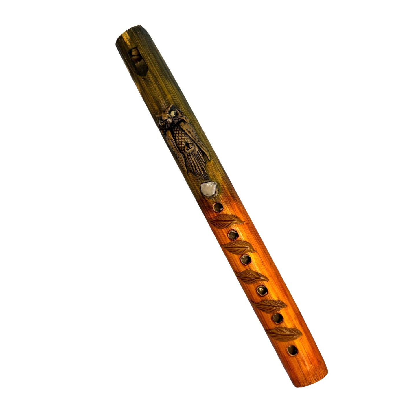 Hand Carved Wooden Flute Folk Art Owl & Leaf Design 10" Multicolor
