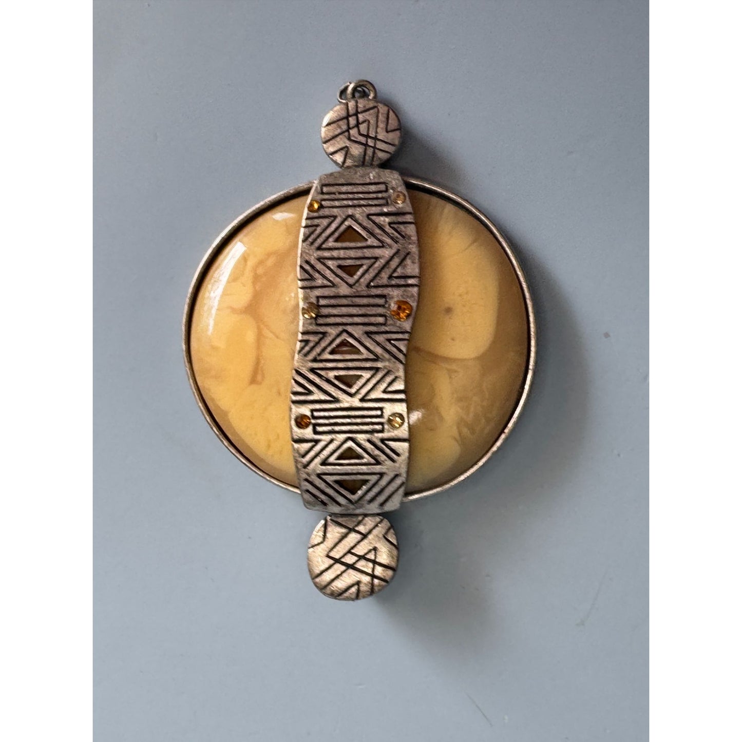Orca Agate Pendant With Geometric Silver-Tone Overlay Design - Measures 3 Inches