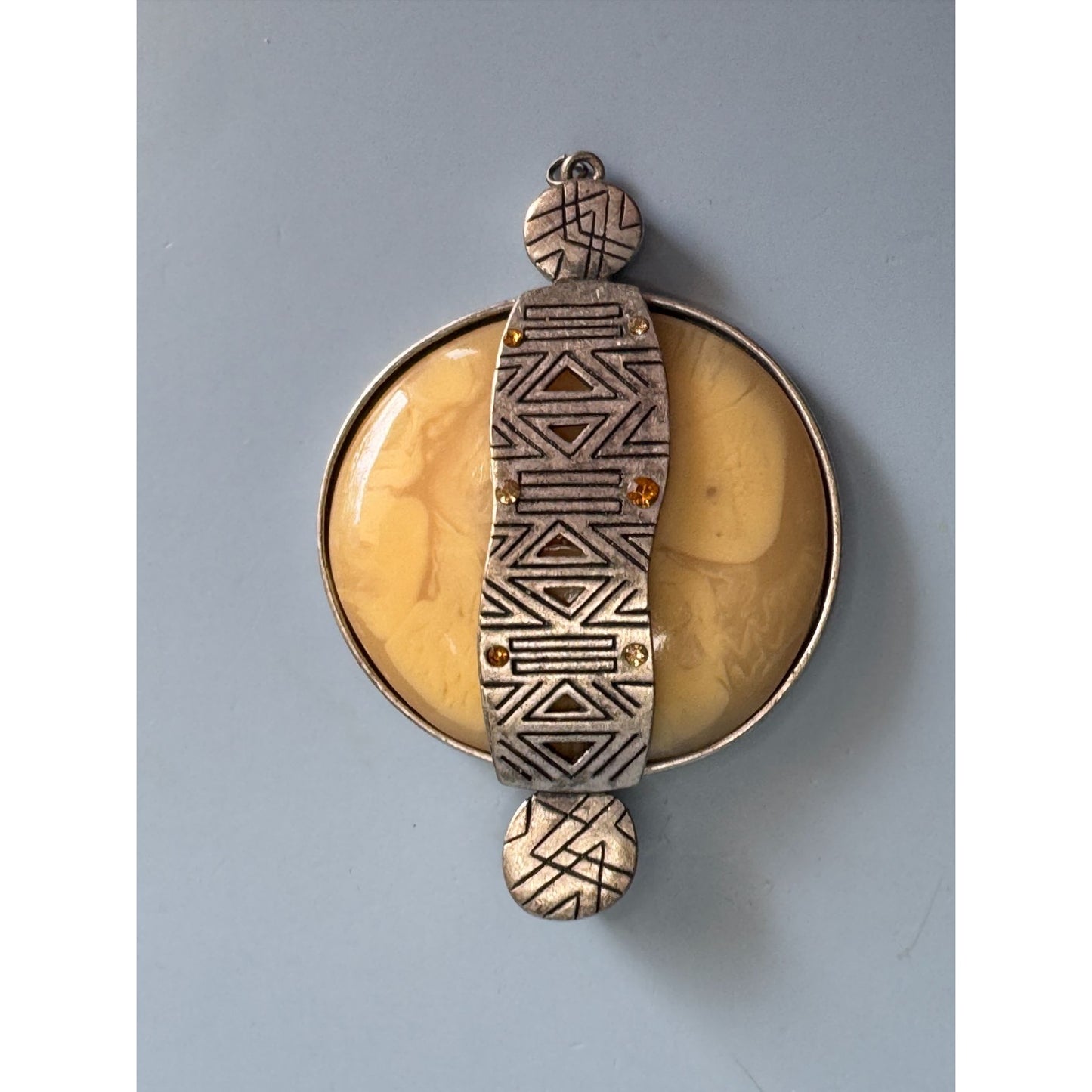 Orca Agate Pendant With Geometric Silver-Tone Overlay Design - Measures 3 Inches