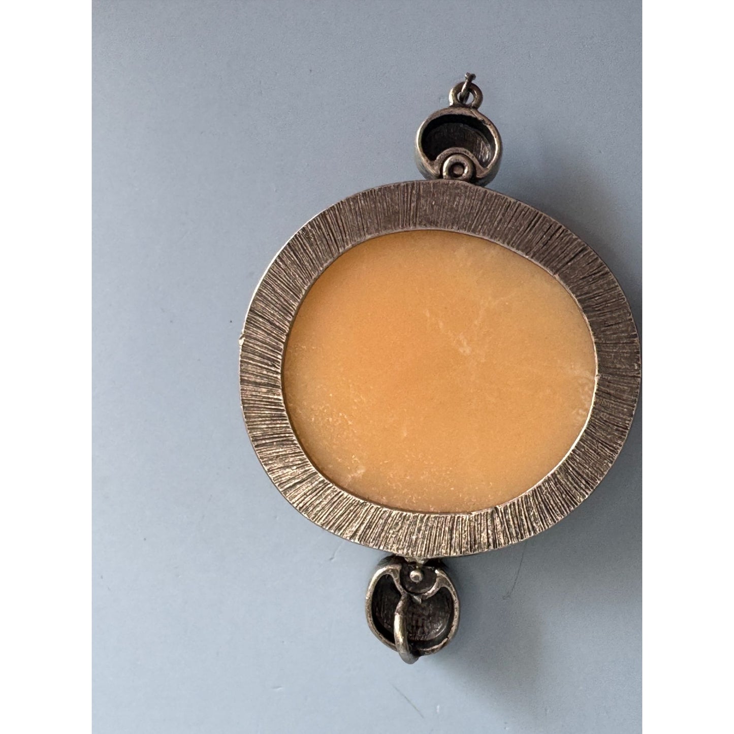 Orca Agate Pendant With Geometric Silver-Tone Overlay Design - Measures 3 Inches