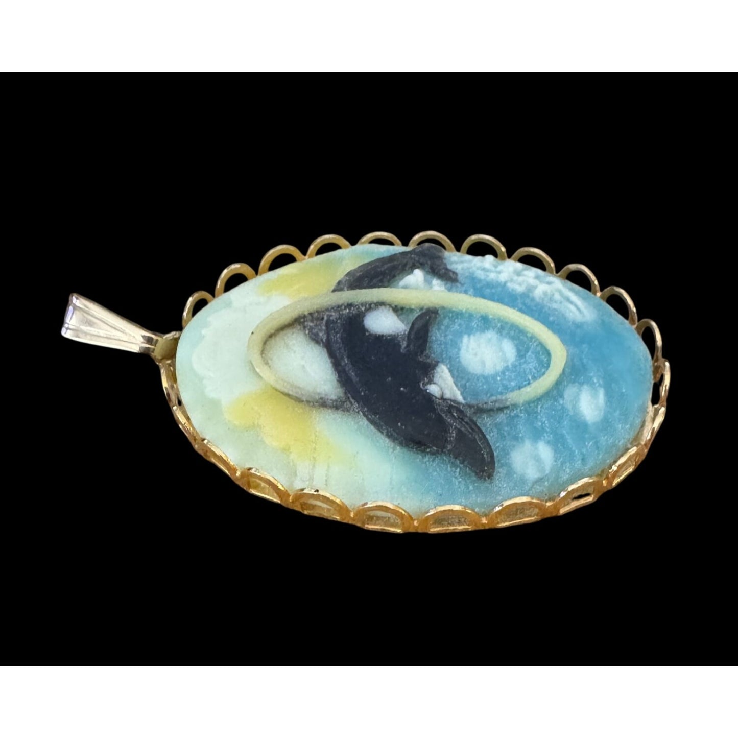 Cameo Pendant Dolphin Jumping Hoops Oval Multicolor Shell Goldtone Frame 1 1/2"