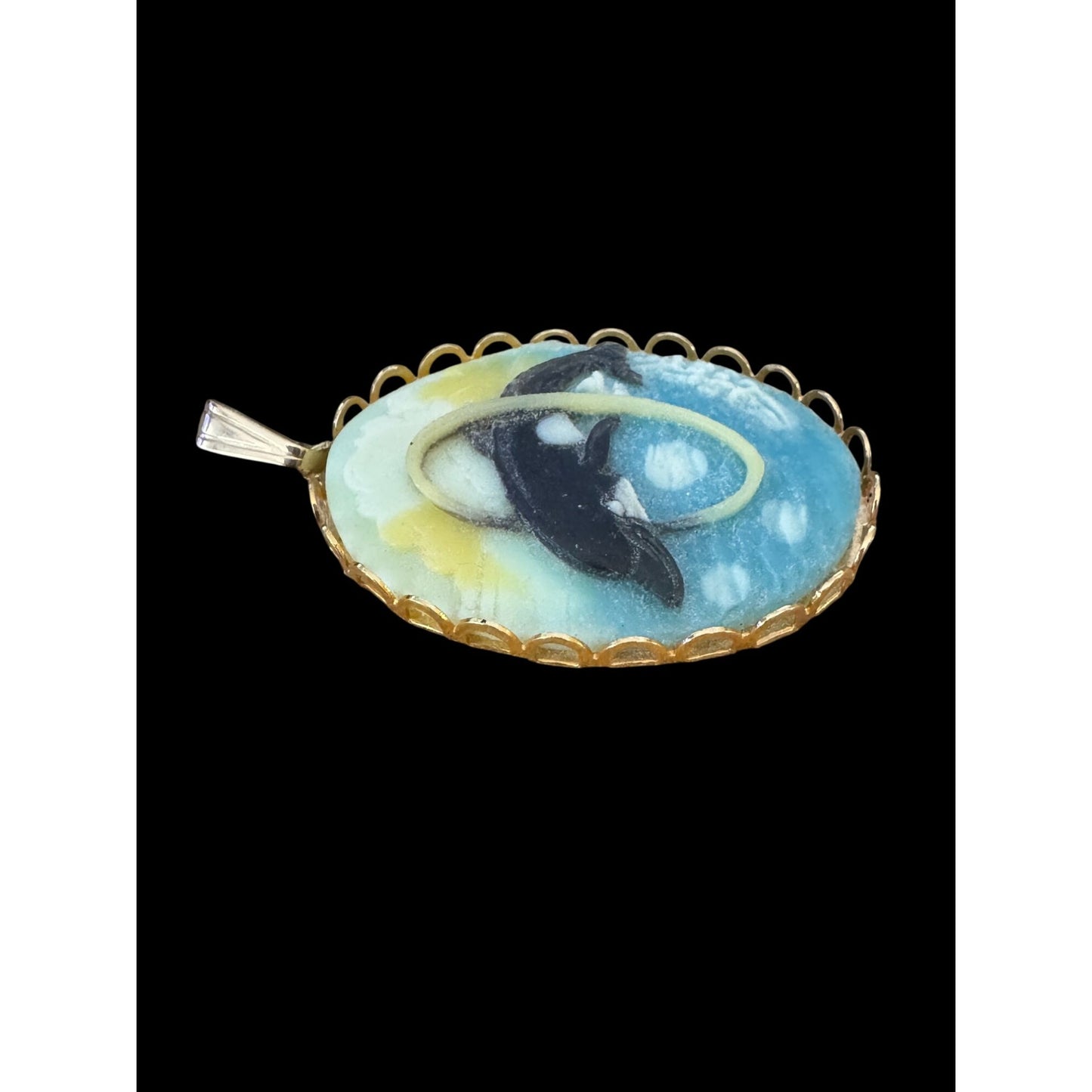 Cameo Pendant Dolphin Jumping Hoops Oval Multicolor Shell Goldtone Frame 1 1/2"