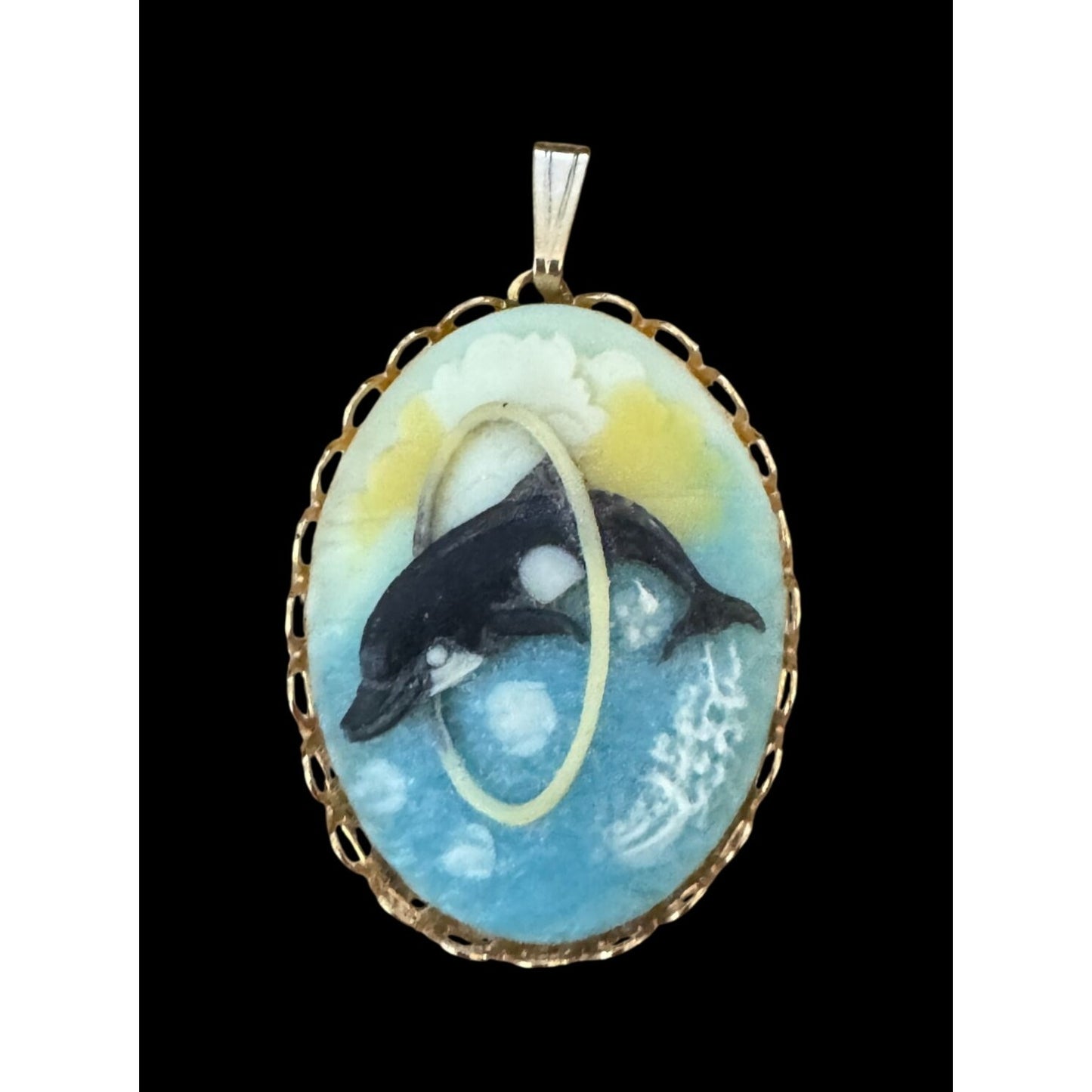 Cameo Pendant Dolphin Jumping Hoops Oval Multicolor Shell Goldtone Frame 1 1/2"