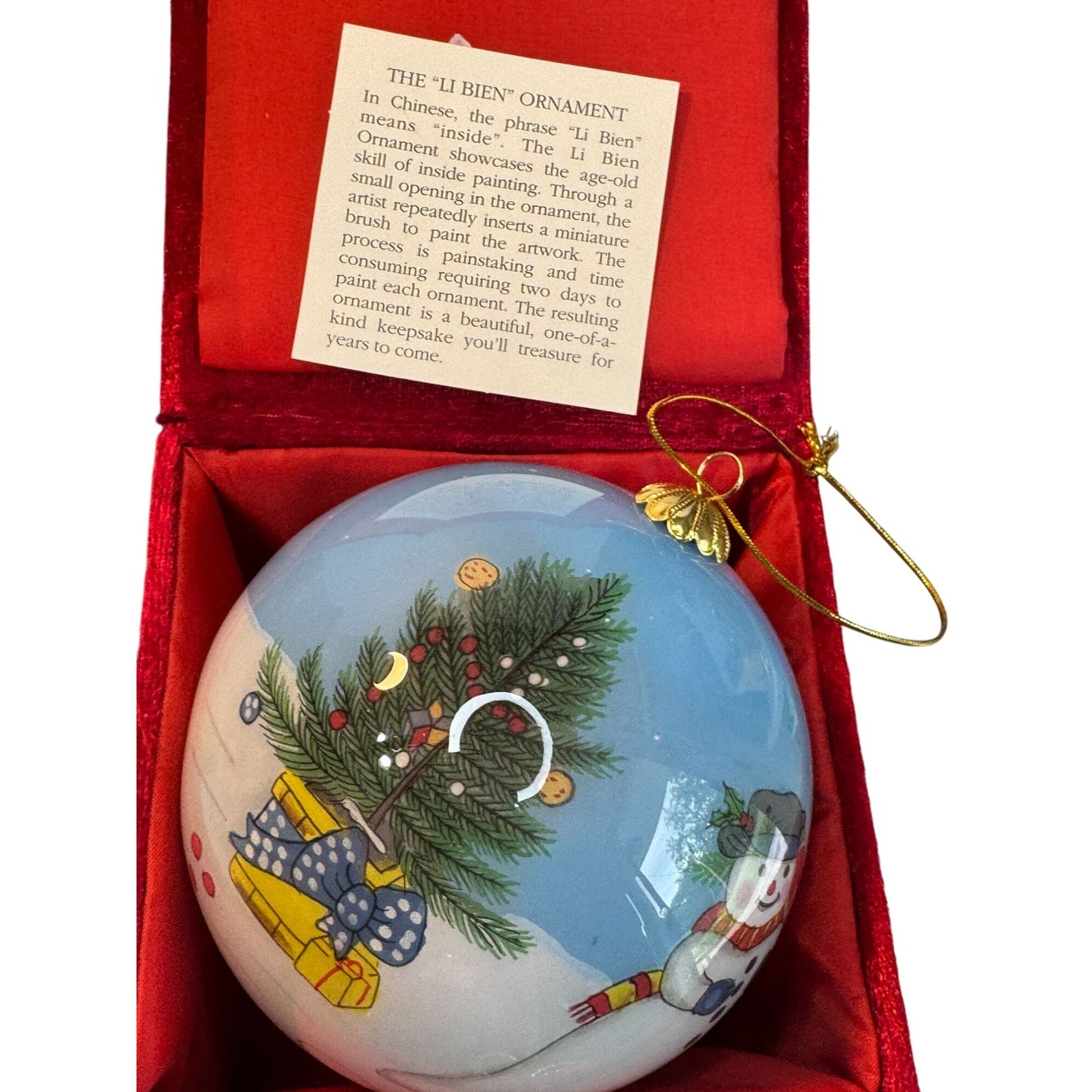 "Li Bien" Glass Ornament With Snowman & Children Design In Red Box