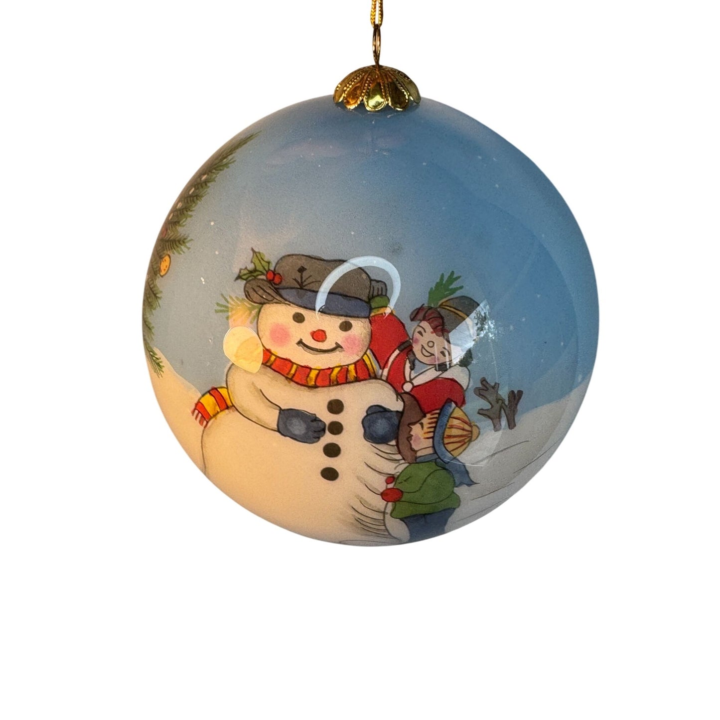 "Li Bien" Glass Ornament With Snowman & Children Design In Red Box