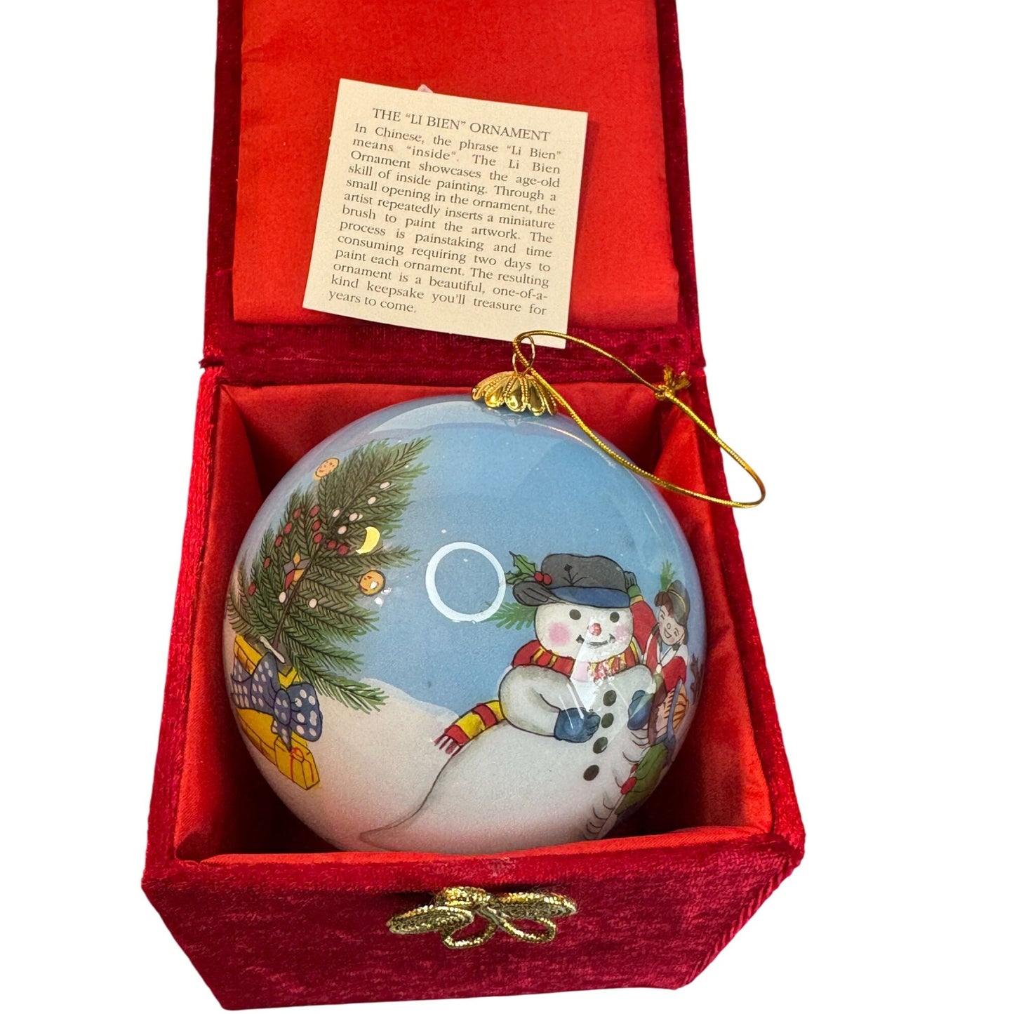 "Li Bien" Glass Ornament With Snowman & Children Design In Red Box