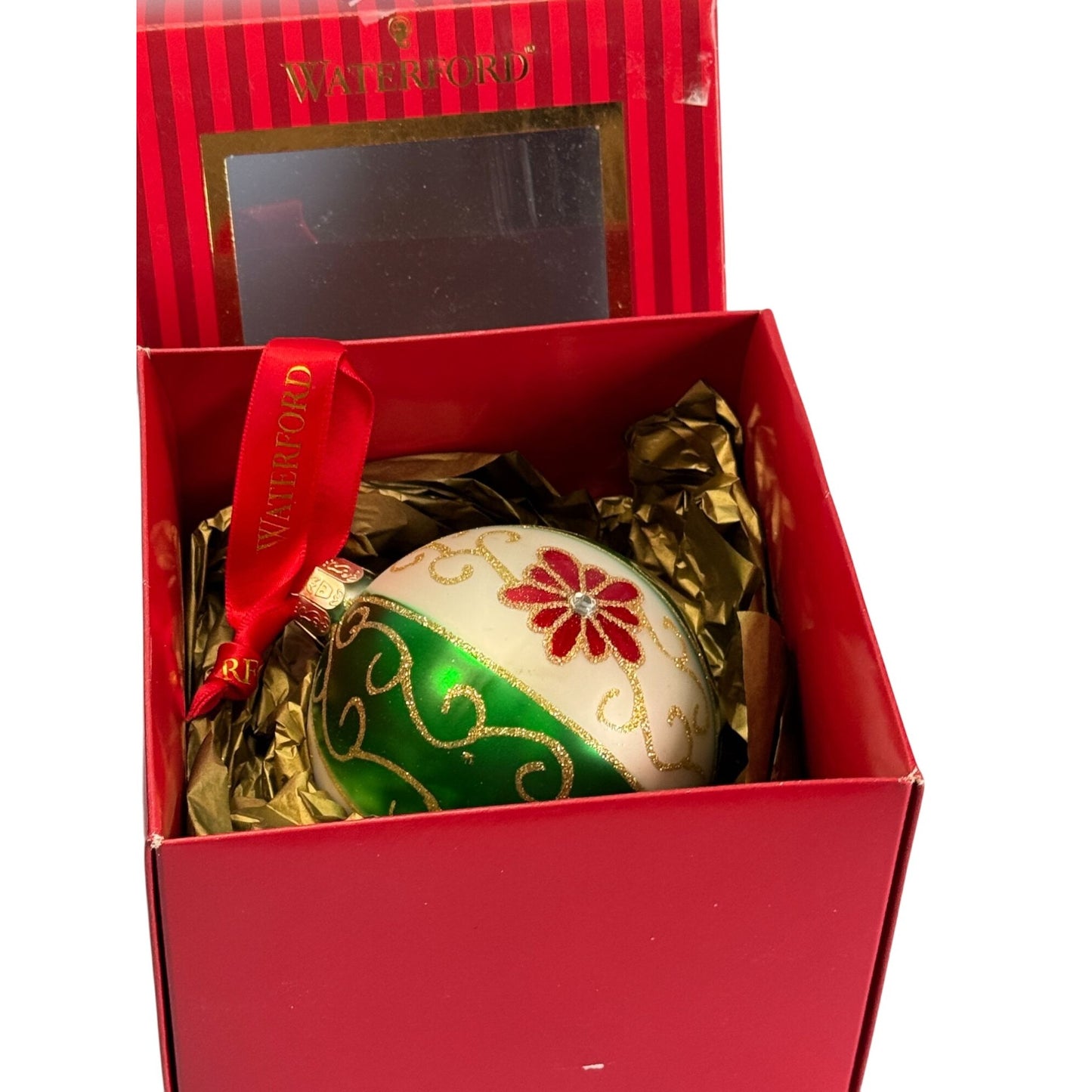 Waterford Holiday Heirlooms Green Swirl Ball Ornament 3.5" Ball Floral Design