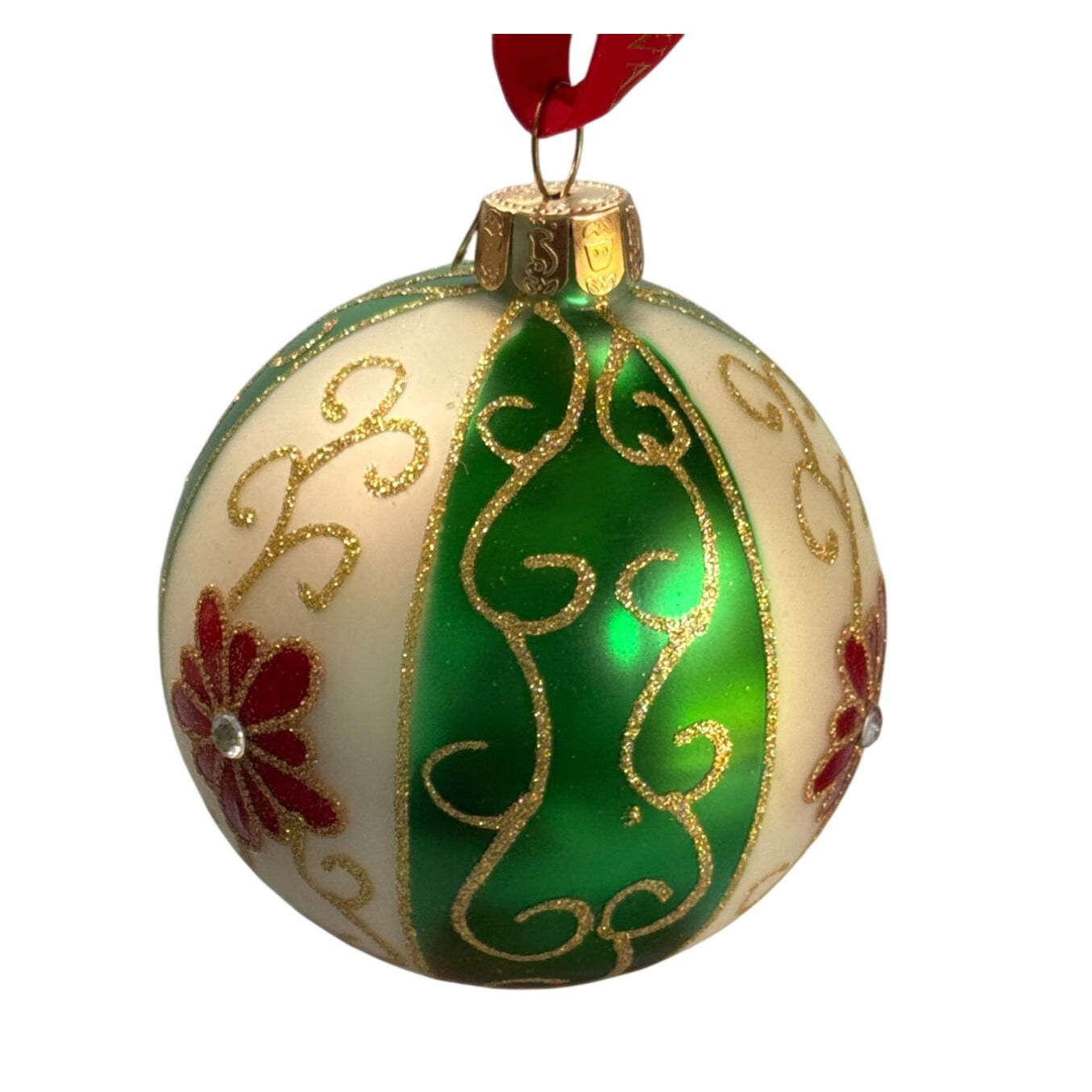Waterford Holiday Heirlooms Green Swirl Ball Ornament 3.5" Ball Floral Design