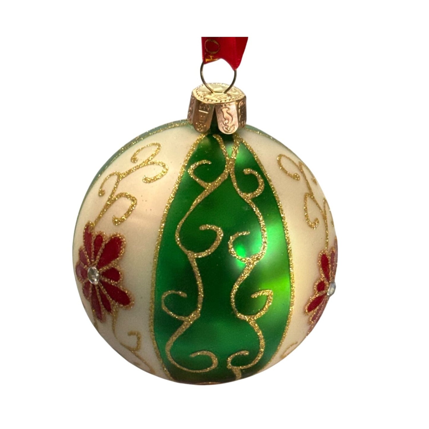 Waterford Holiday Heirlooms Green Swirl Ball Ornament 3.5" Ball Floral Design