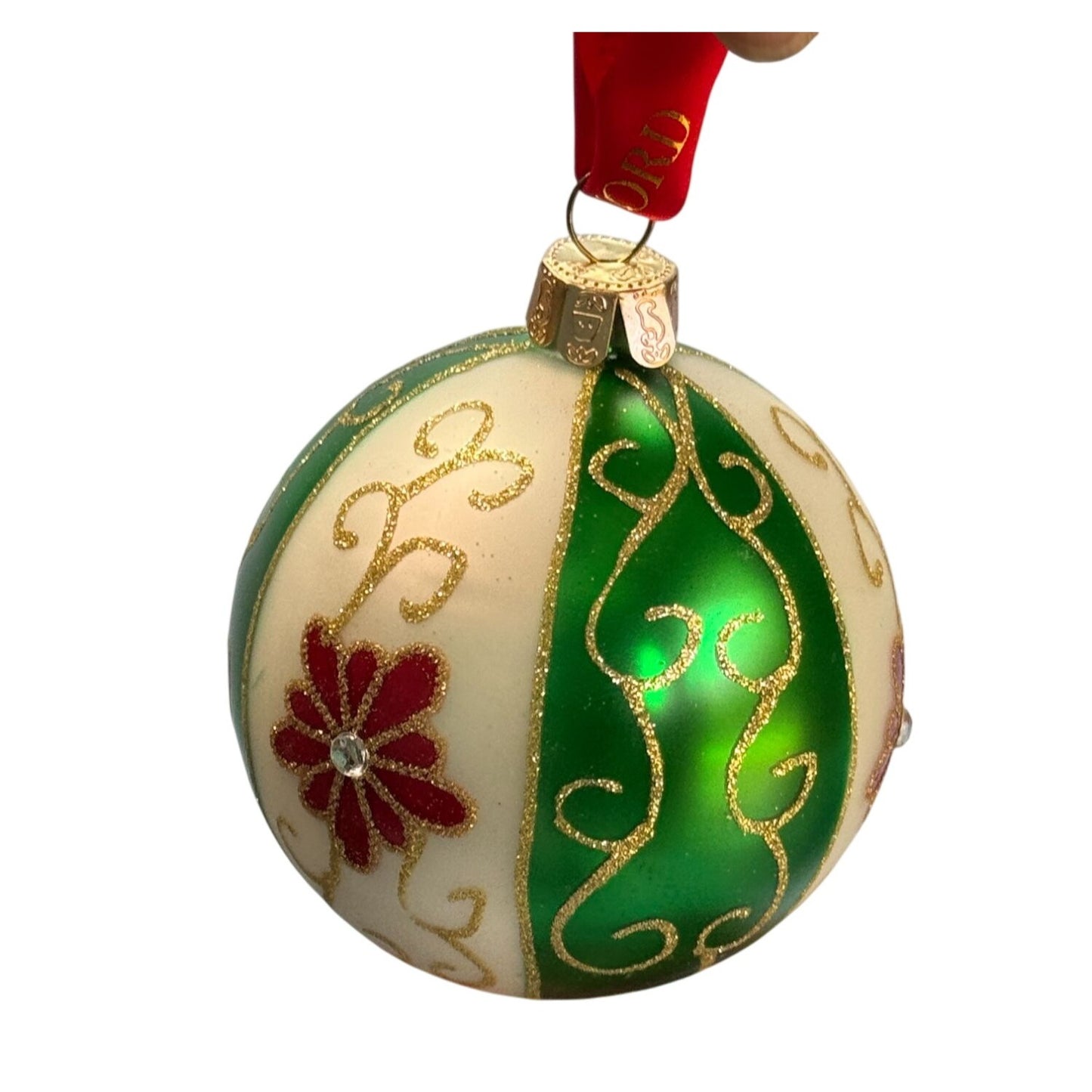 Waterford Holiday Heirlooms Green Swirl Ball Ornament 3.5" Ball Floral Design