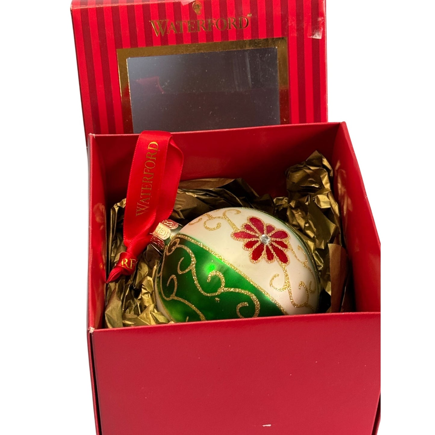 Waterford Holiday Heirlooms Green Swirl Ball Ornament 3.5" Ball Floral Design