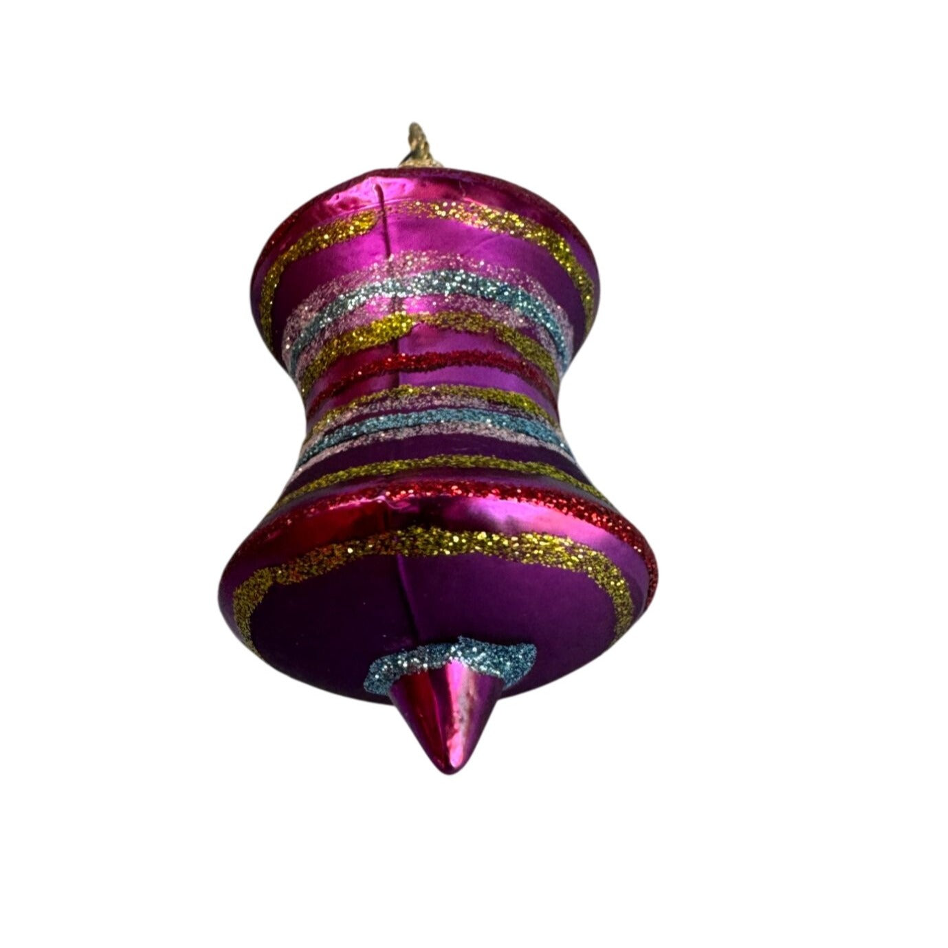 German Glass Glittered Spindle Ornament Purple Blue Gold 3 1/2 Inch Holiday Décor