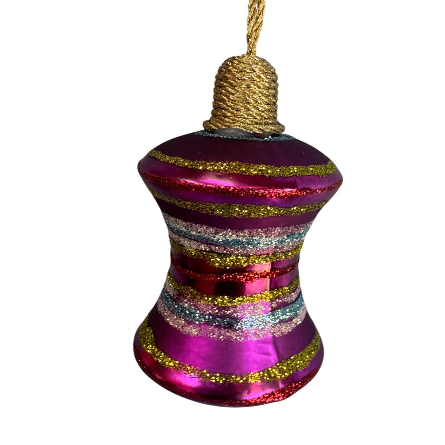 German Glass Glittered Spindle Ornament Purple Blue Gold 3 1/2 Inch Holiday Décor