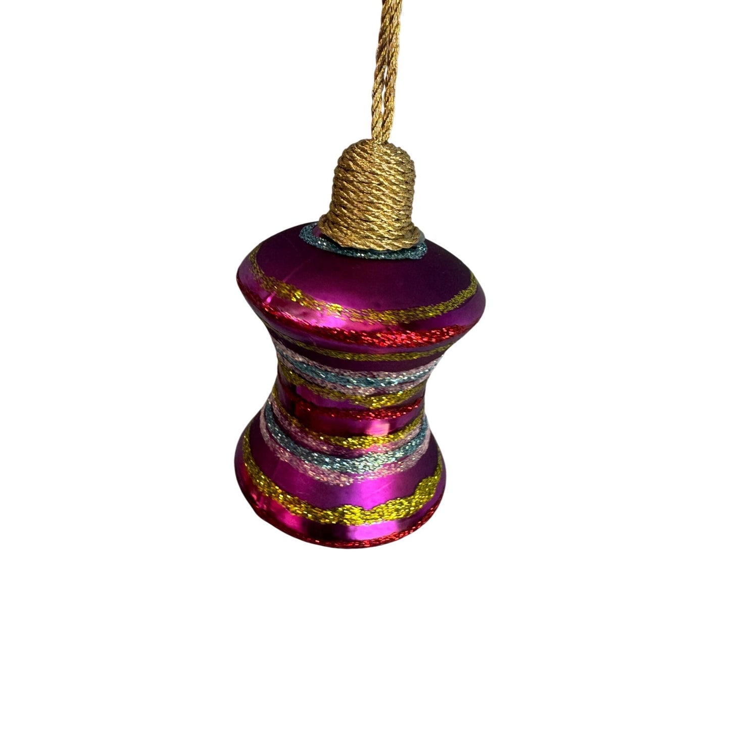 German Glass Glittered Spindle Ornament Purple Blue Gold 3 1/2 Inch Holiday Décor