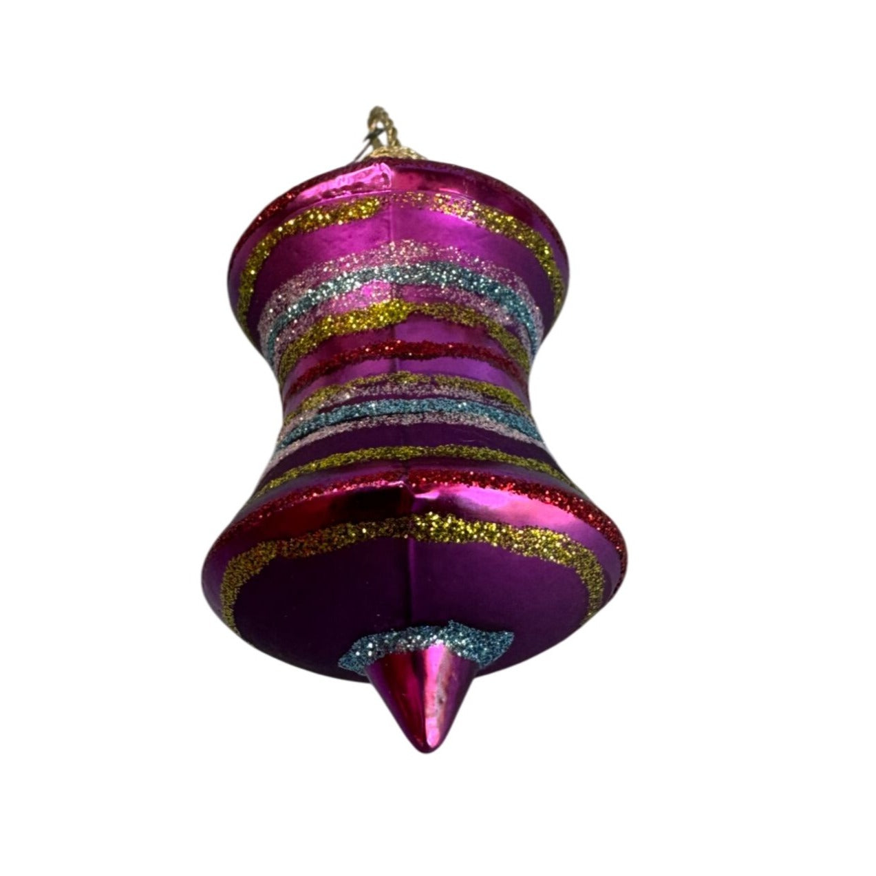 German Glass Glittered Spindle Ornament Purple Blue Gold 3 1/2 Inch Holiday Décor