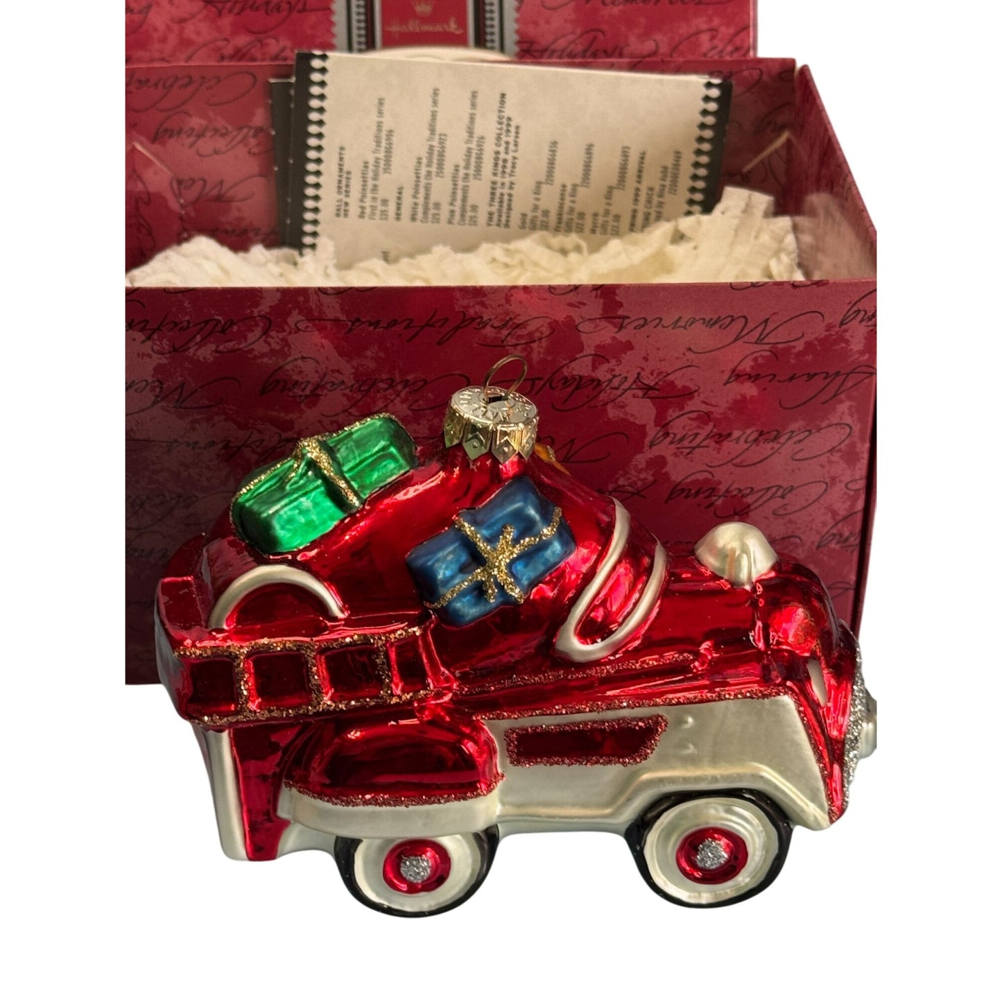 Crown Reflections 1998 Blown Glass Fire Truck Ornament With Gifts In Original Box
