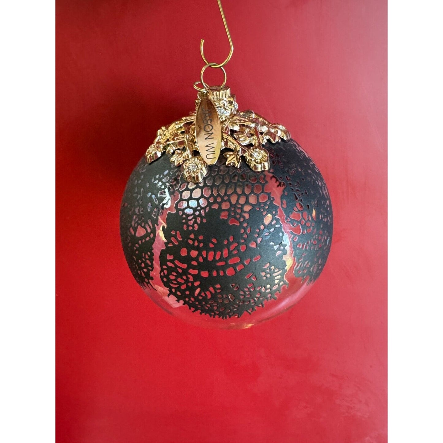 Jason Wu Large Glass Ornament Gold Rhinestone Trimmed Black Lace Designer Tag