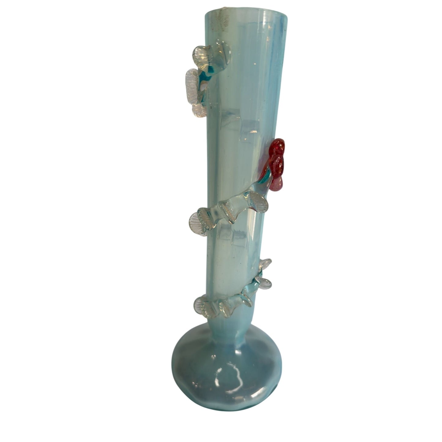 Tall Blue Art Glass Vase With Rose Embossed Design