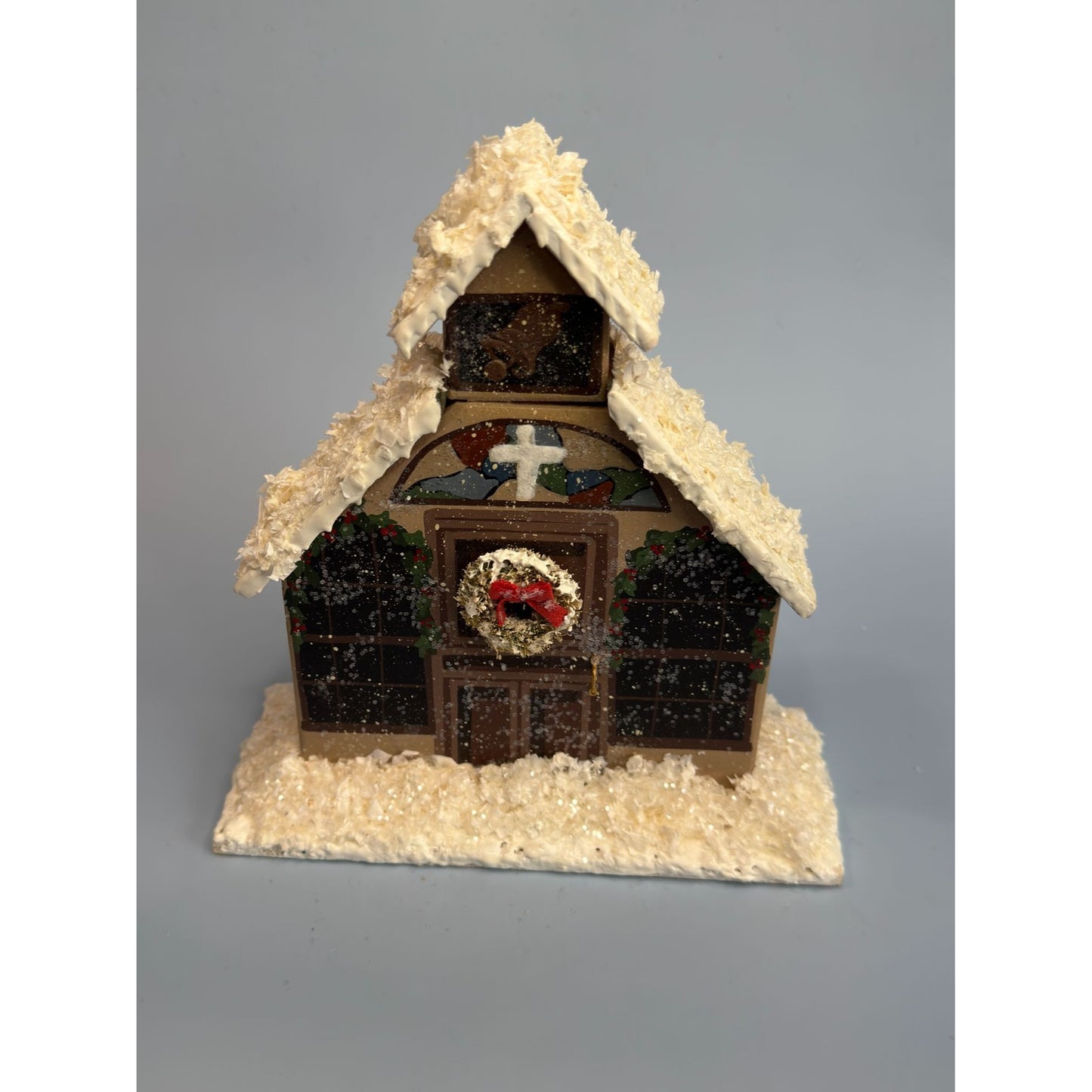 Hand-Carved Christmas Church Decoration With Snowy Roof & Wreath Signed Joyce