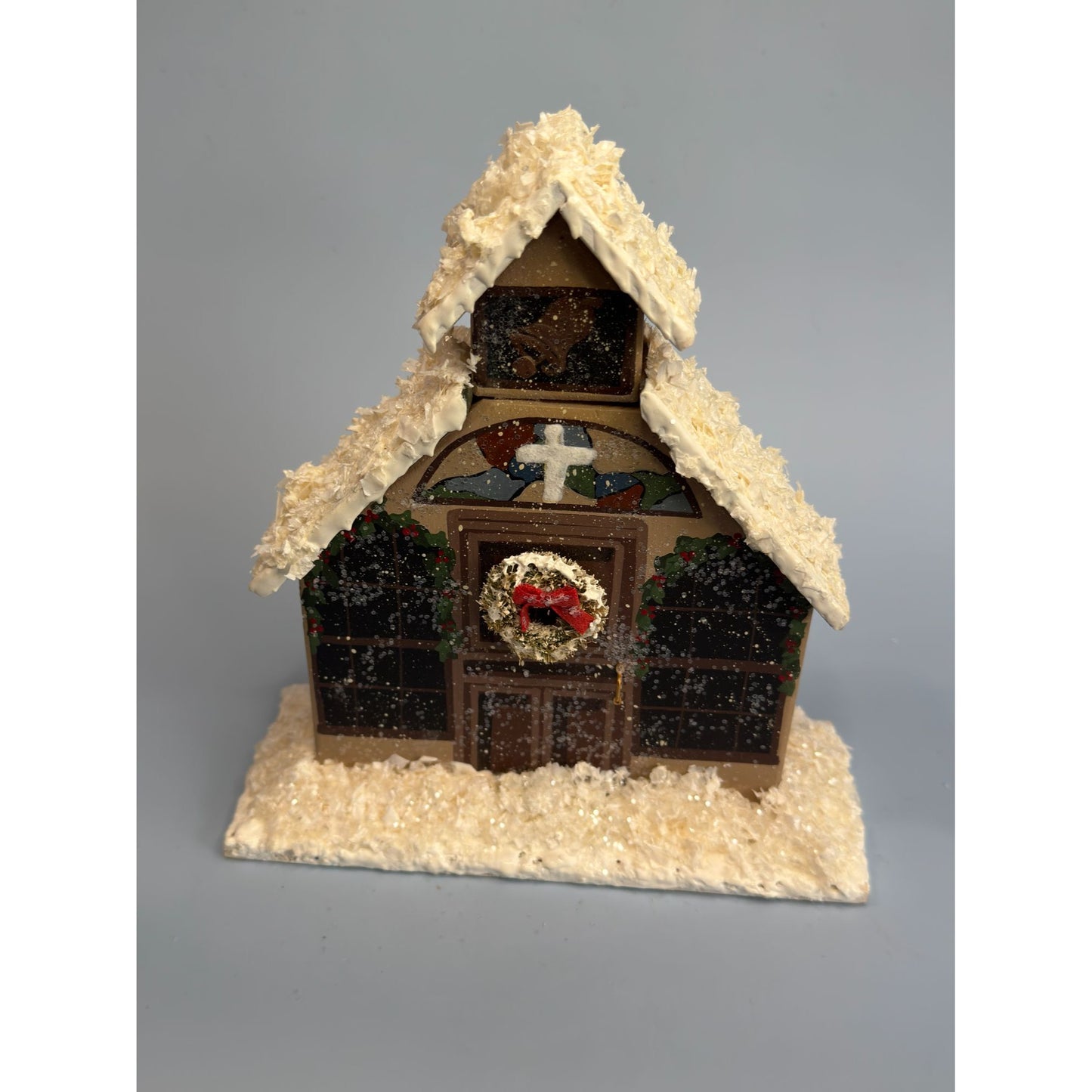 Hand-Carved Christmas Church Decoration With Snowy Roof & Wreath Signed Joyce