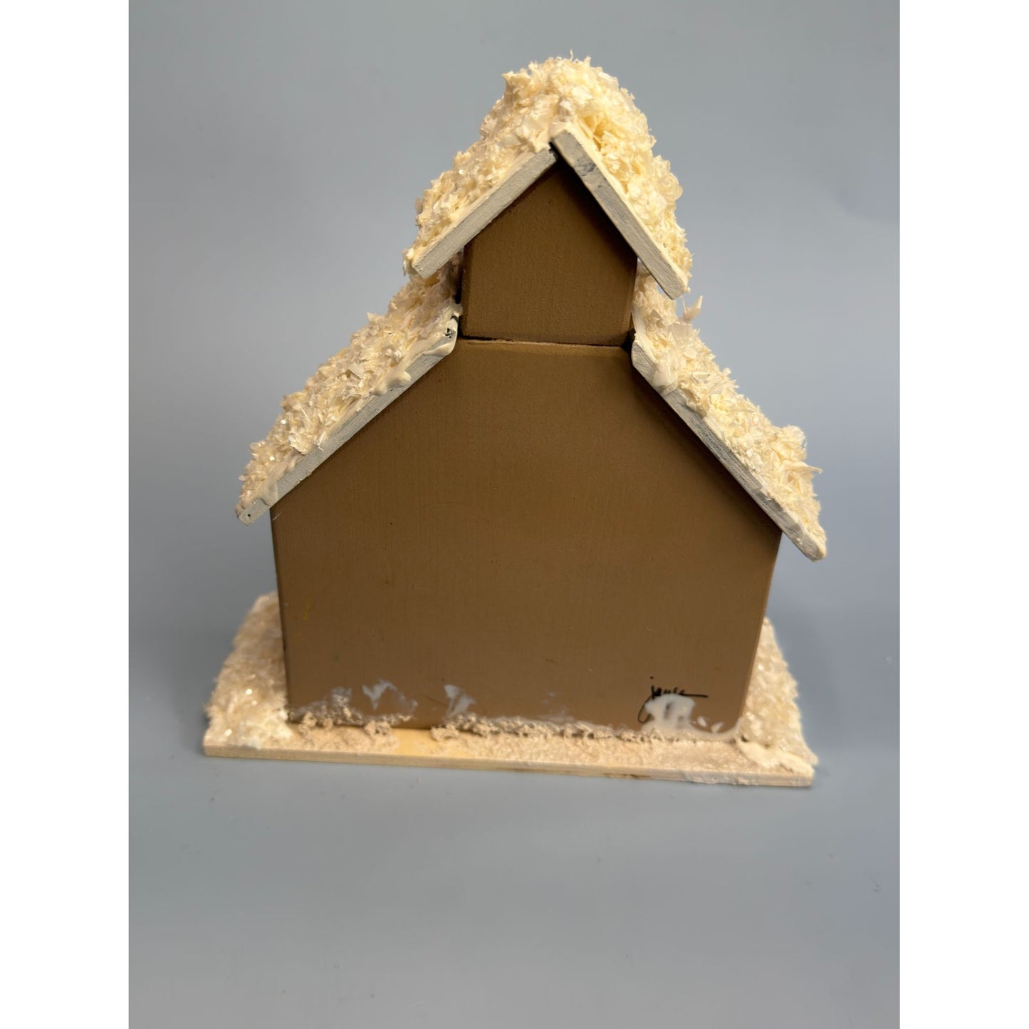 Hand-Carved Christmas Church Decoration With Snowy Roof & Wreath Signed Joyce