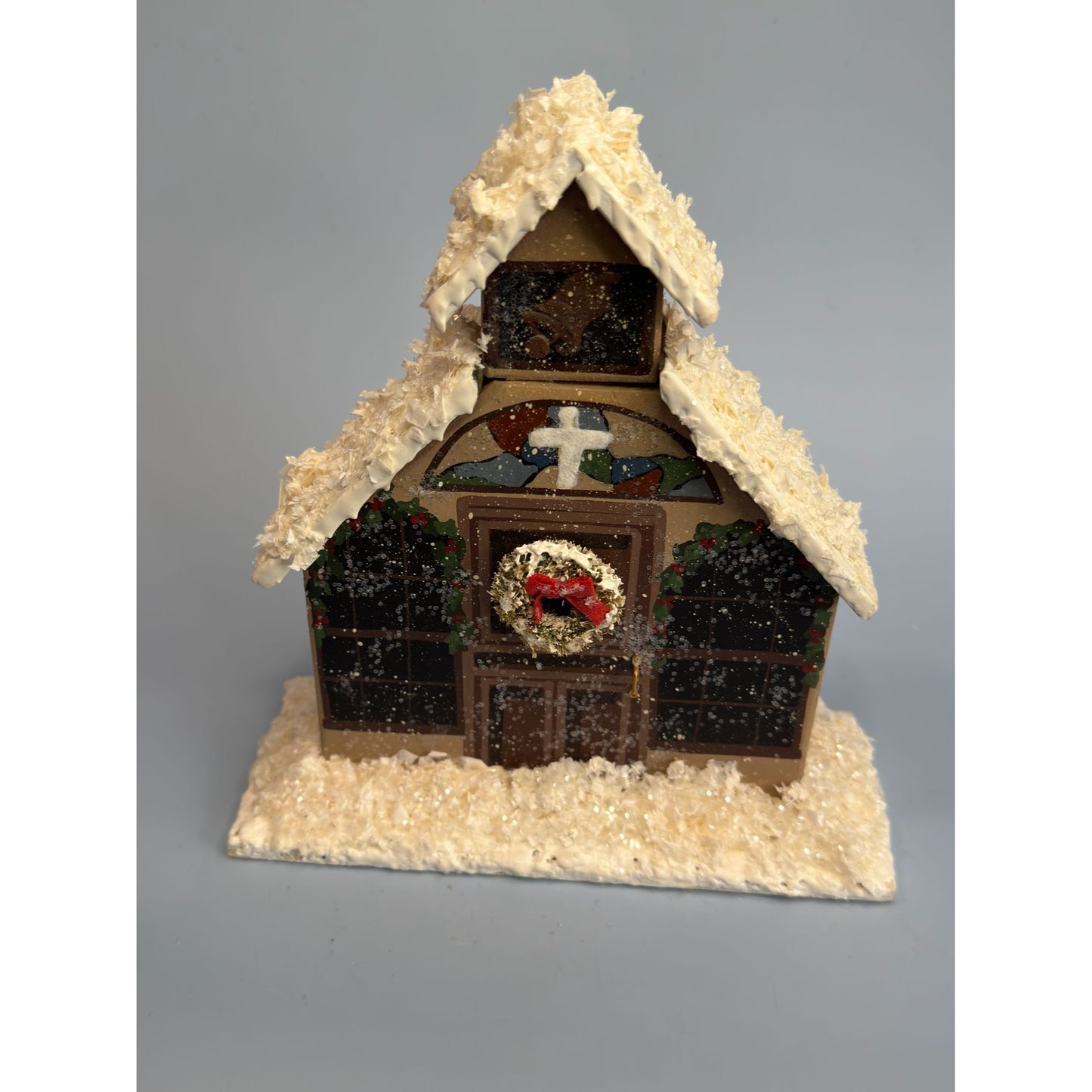 Hand-Carved Christmas Church Decoration With Snowy Roof & Wreath Signed Joyce