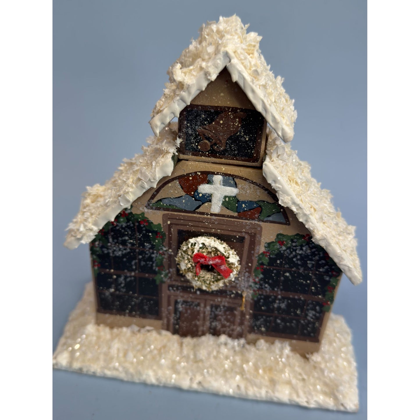 Hand-Carved Christmas Church Decoration With Snowy Roof & Wreath Signed Joyce