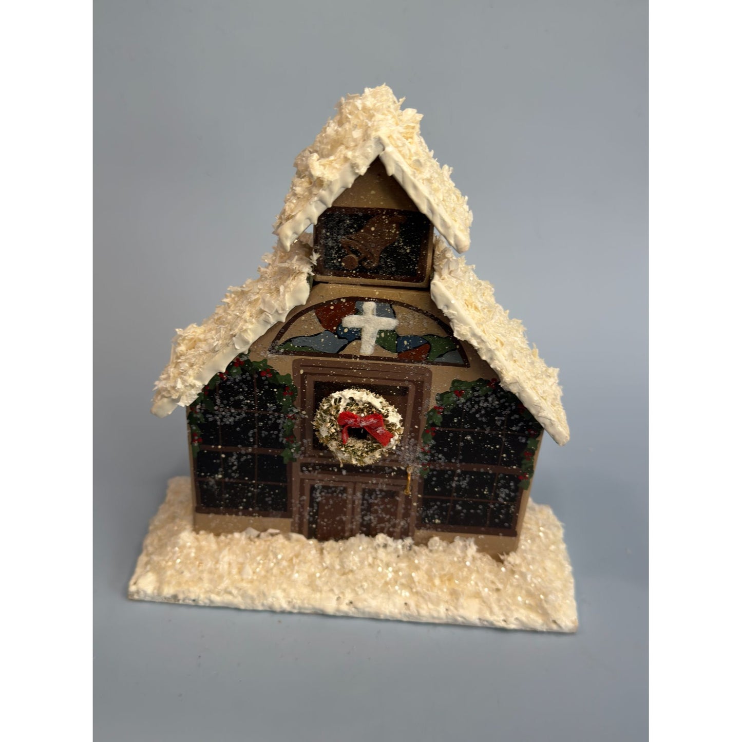 Hand-Carved Christmas Church Decoration With Snowy Roof & Wreath Signed Joyce
