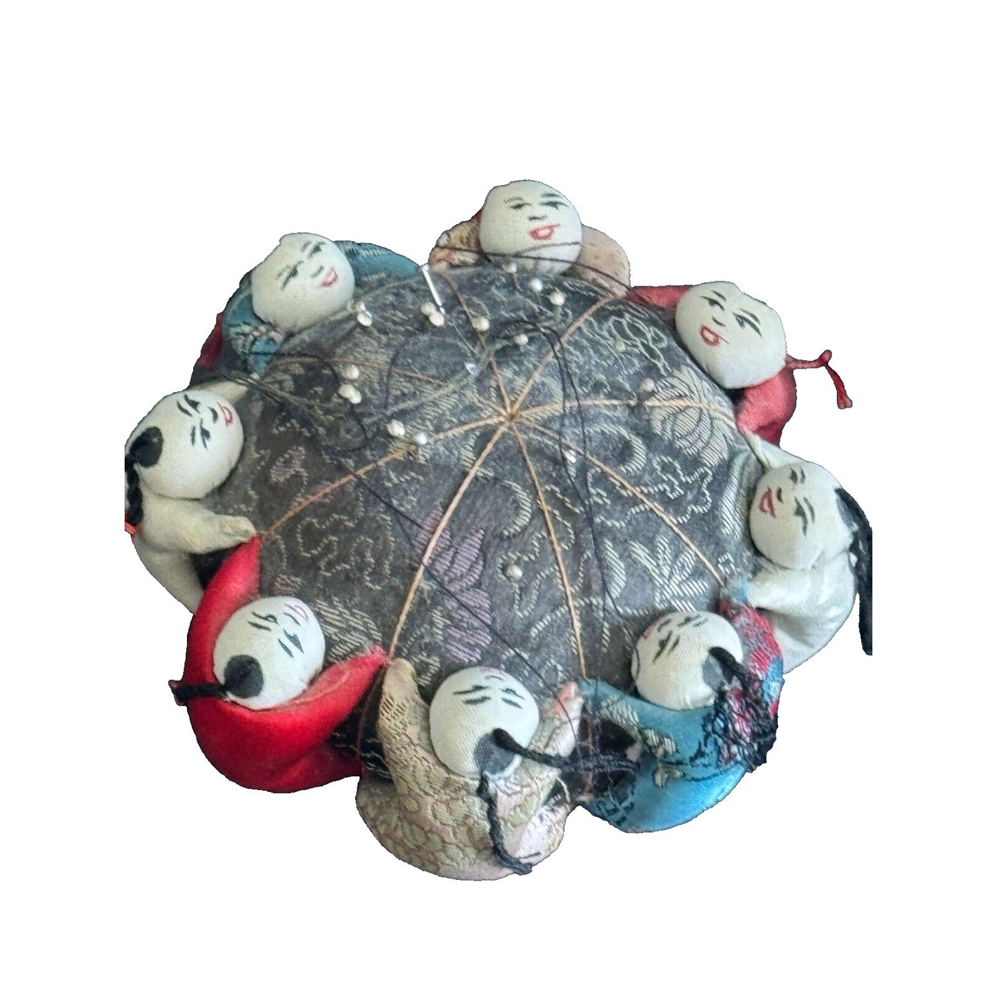 Vintage Chinese Silk Pin Cushion With Baby Doll Accents - Collectible Sewing Accessory