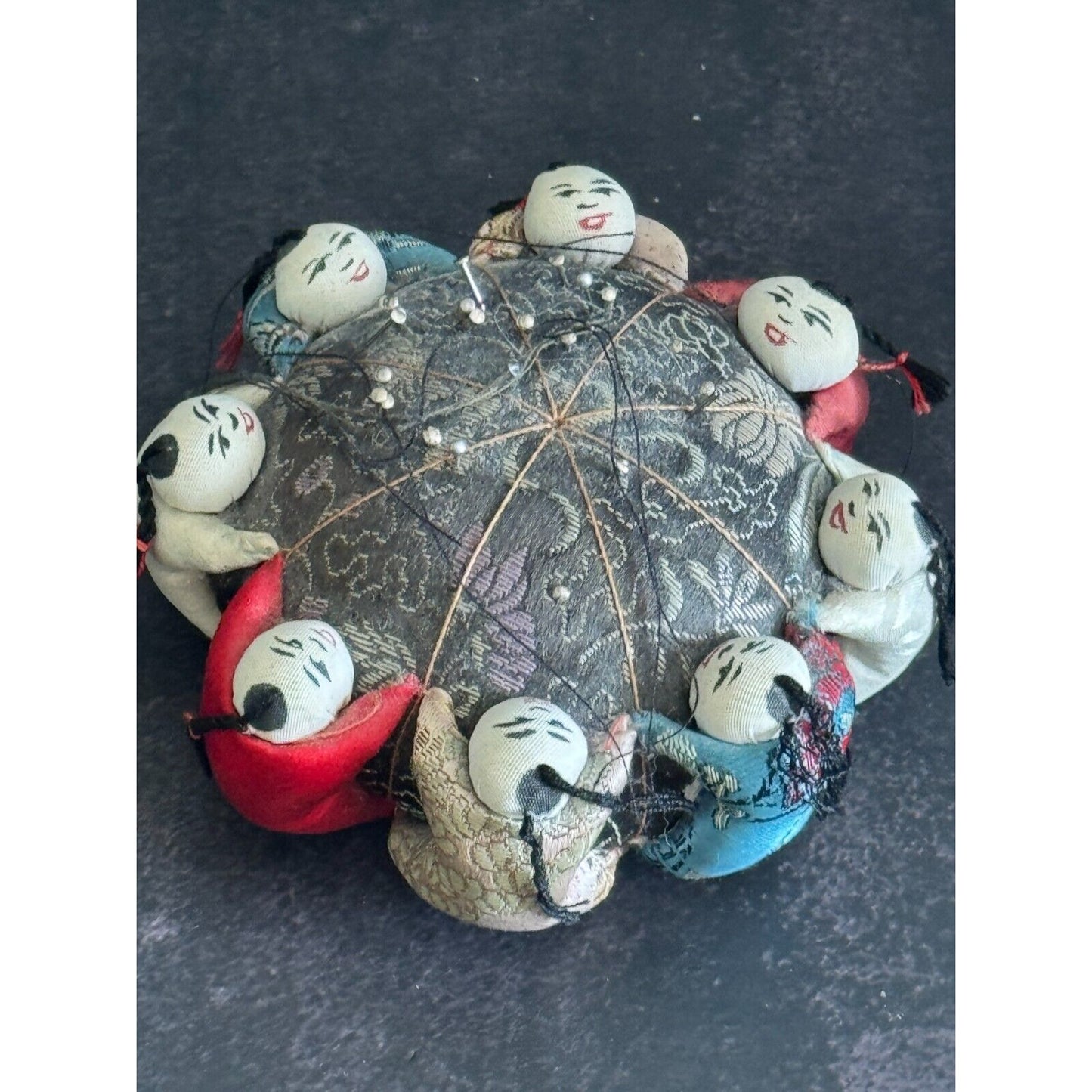 Vintage Chinese Silk Pin Cushion With Baby Doll Accents - Collectible Sewing Accessory