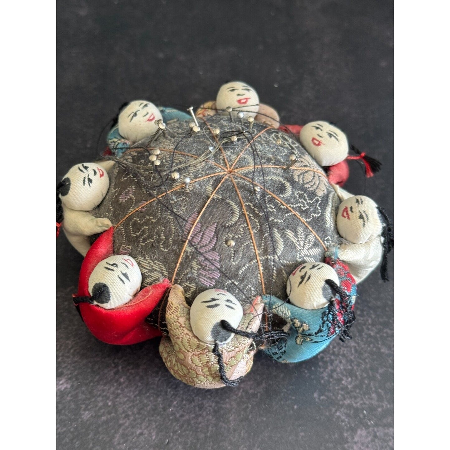 Vintage Chinese Silk Pin Cushion With Baby Doll Accents - Collectible Sewing Accessory