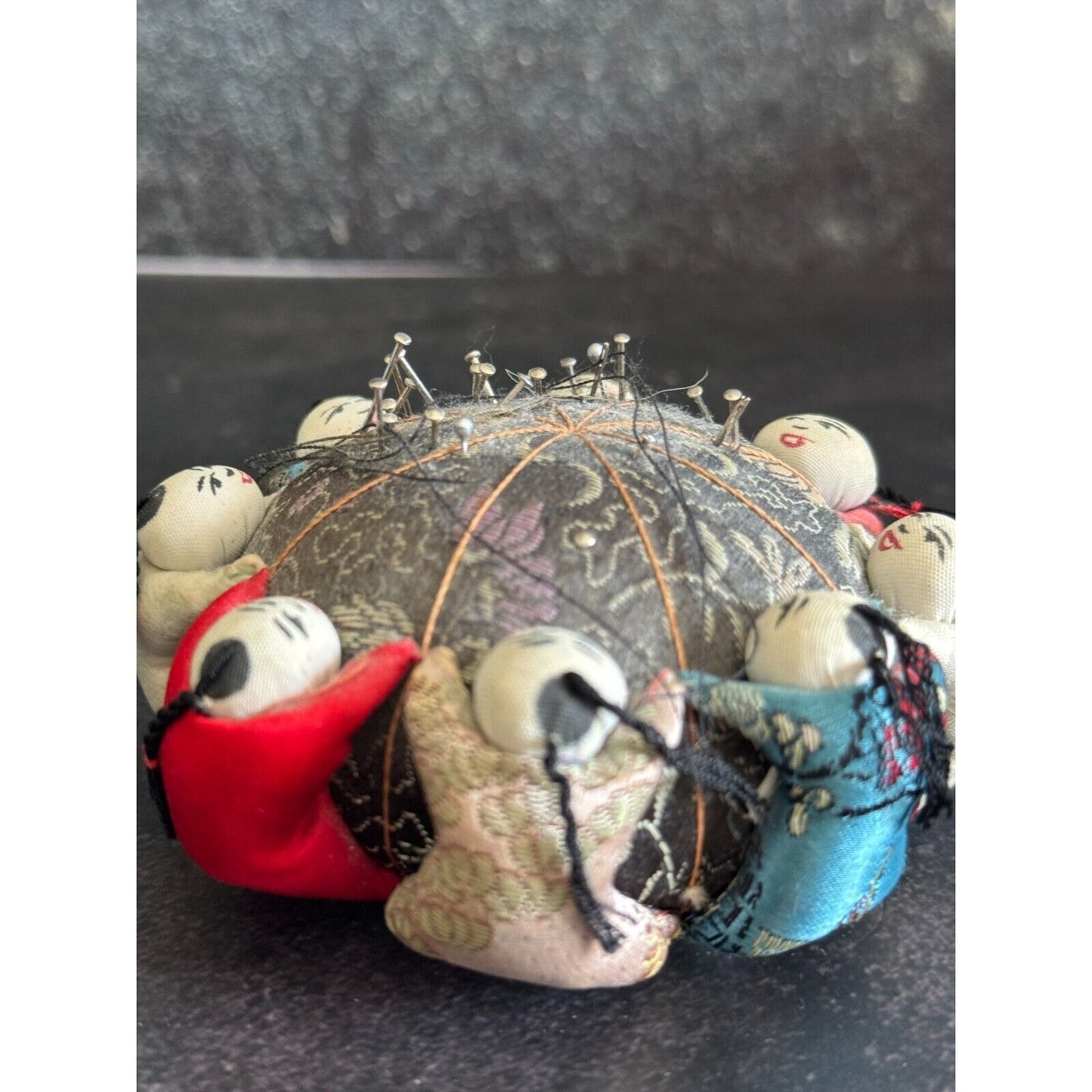 Vintage Chinese Silk Pin Cushion With Baby Doll Accents - Collectible Sewing Accessory