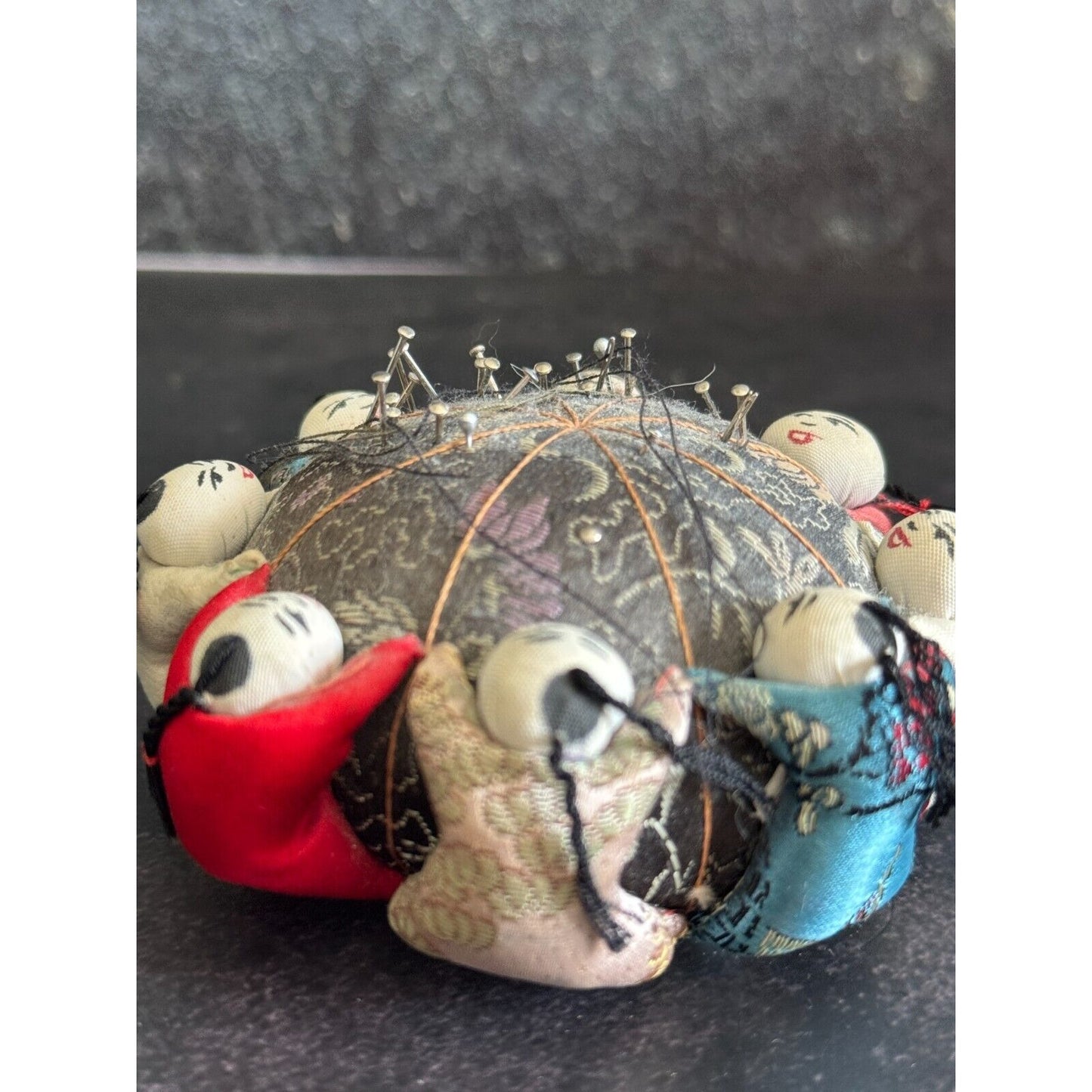 Vintage Chinese Silk Pin Cushion With Baby Doll Accents - Collectible Sewing Accessory