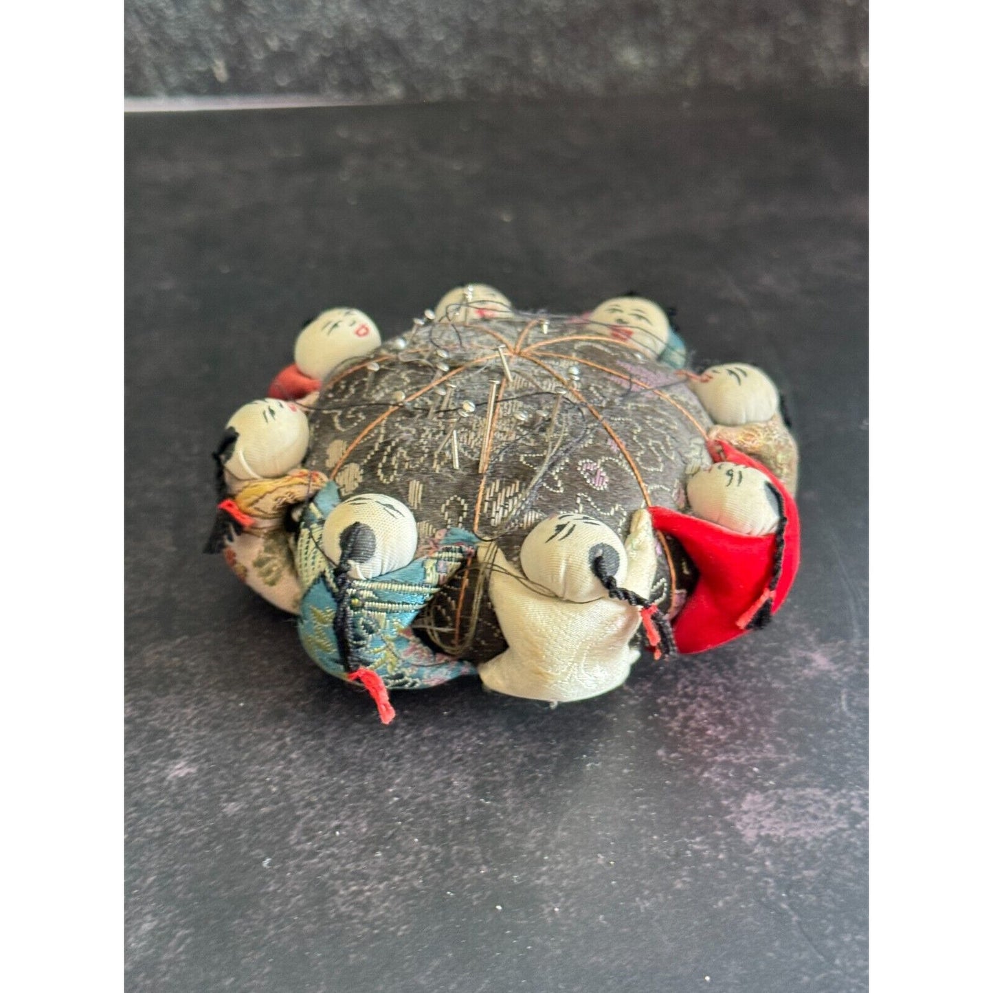Vintage Chinese Silk Pin Cushion With Baby Doll Accents - Collectible Sewing Accessory