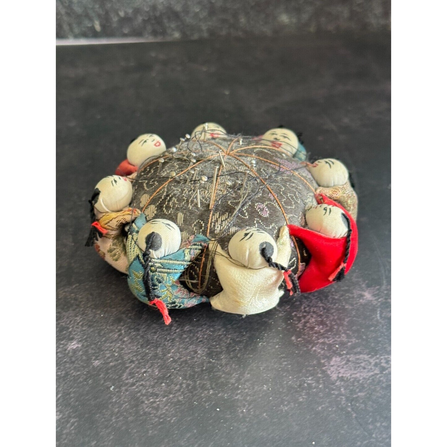 Vintage Chinese Silk Pin Cushion With Baby Doll Accents - Collectible Sewing Accessory