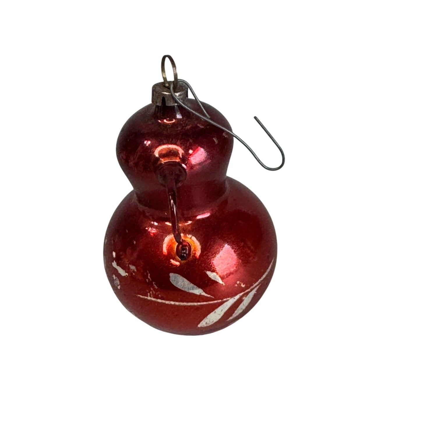 Antique German Mercury Glass Teapot Ornament Red Hand-Painted Leaves 3"