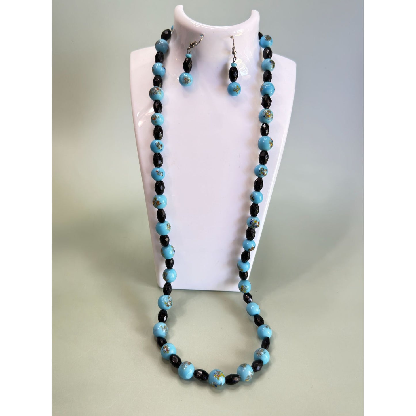 Blue & Black Glass Beads Hand-Painted Embossed Design Jewelry Set 24"