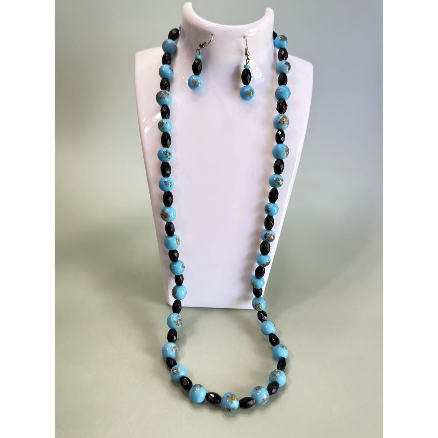 Blue & Black Glass Beads Hand-Painted Embossed Design Jewelry Set 24"