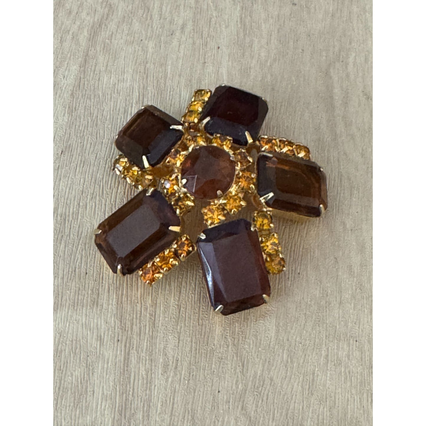 Vintage Rhinestone Brooch Amber Honey Glass Accent Jewelry Piece