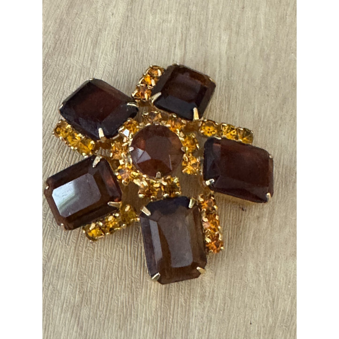 Vintage Rhinestone Brooch Amber Honey Glass Accent Jewelry Piece
